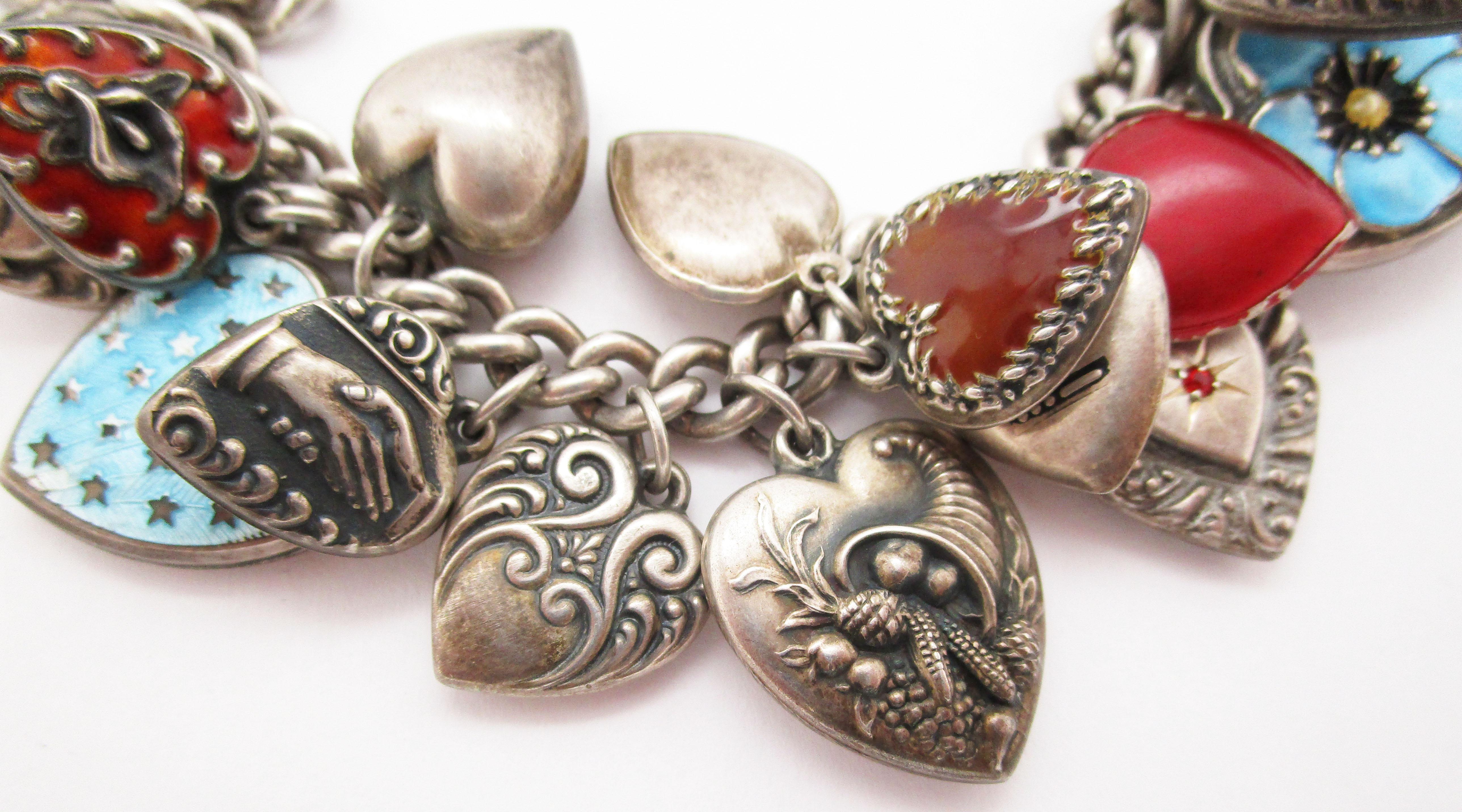 Women's or Men's 1940s Art Deco Enameled Love Heart Sterling Silver Charm Bracelet