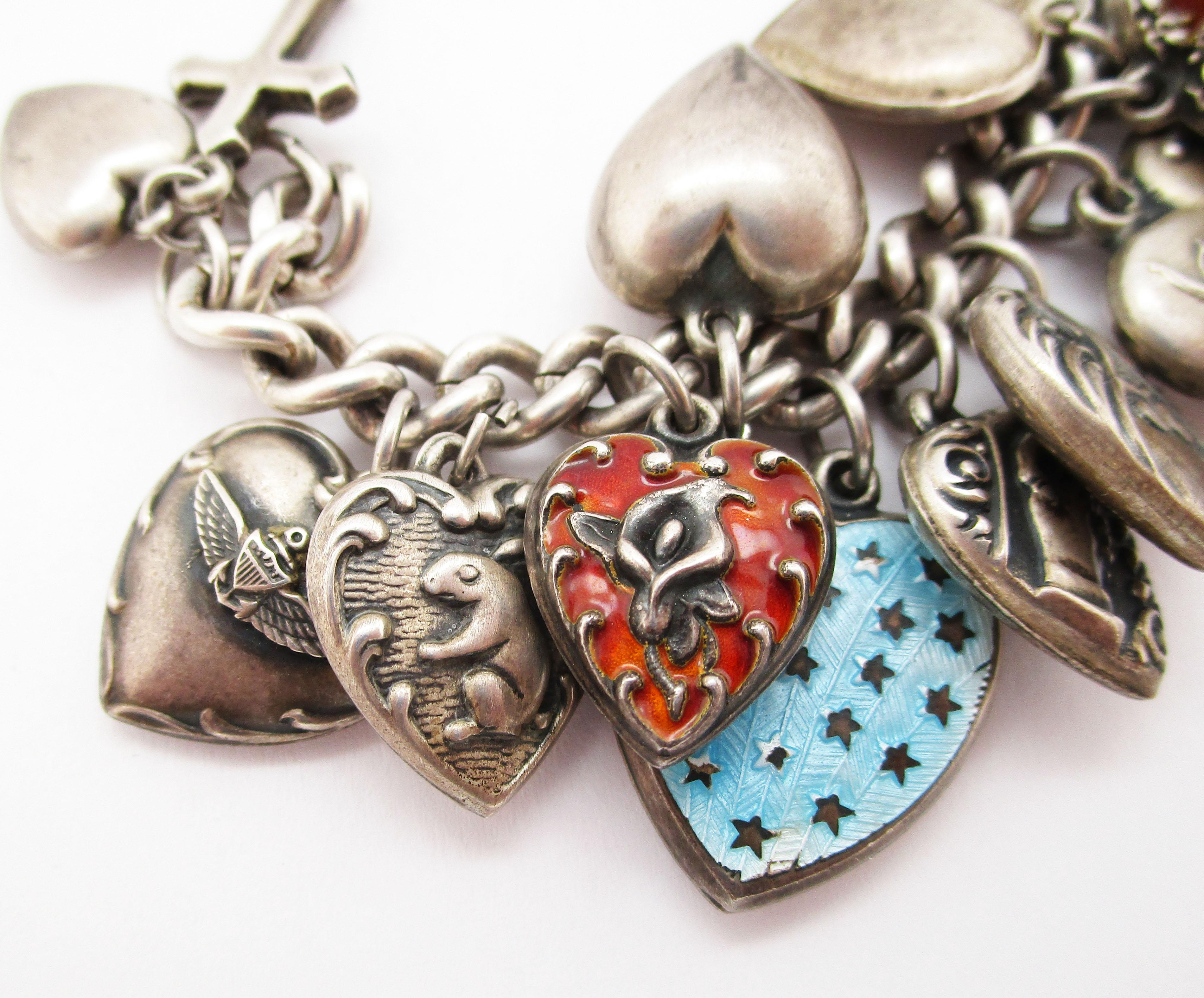 1940s Art Deco Enameled Love Heart Sterling Silver Charm Bracelet 1