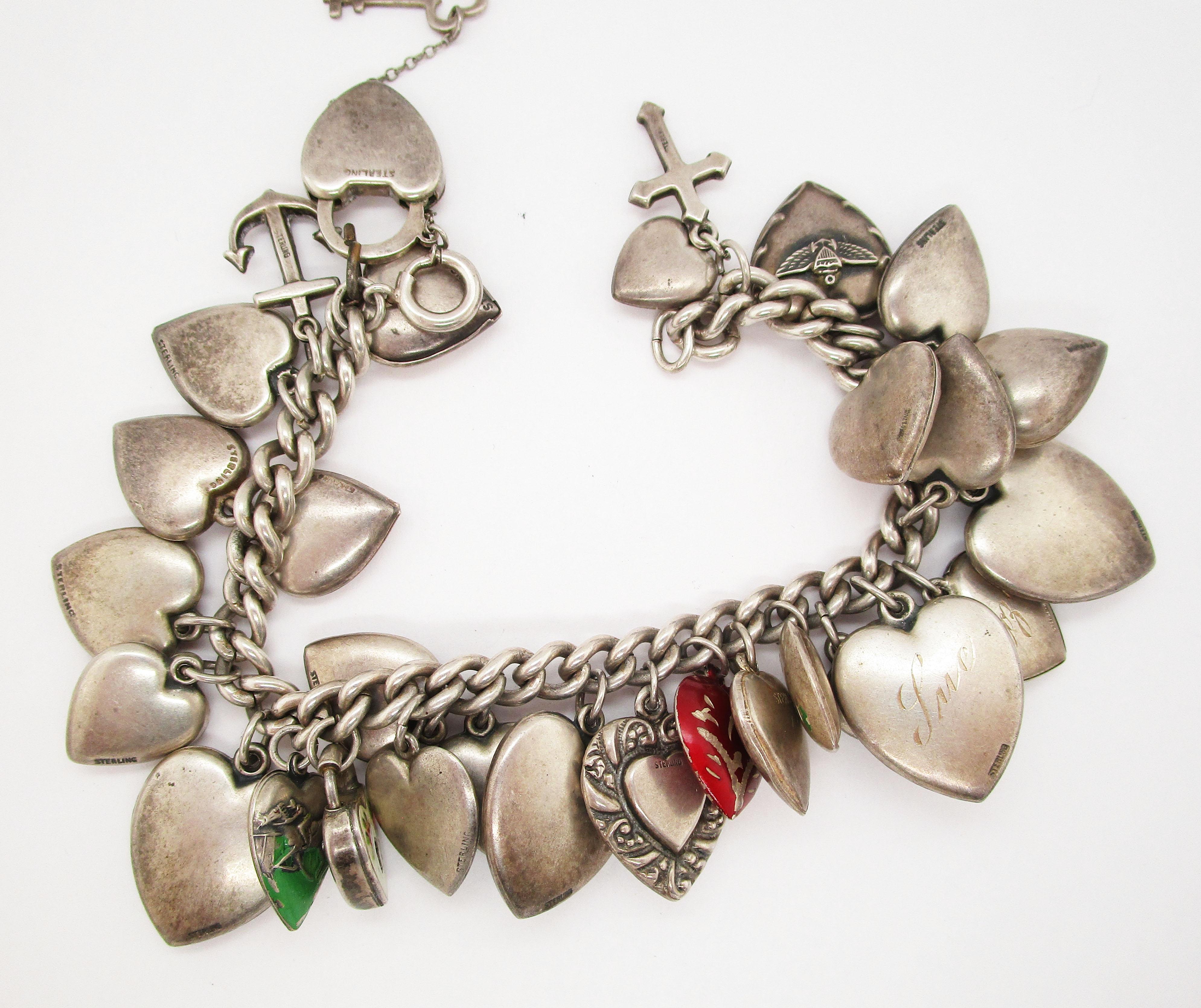 1940s Art Deco Enameled Love Heart Sterling Silver Charm Bracelet 2