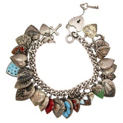 1940s Art Deco Enameled Love Heart Sterling Silver Charm Bracelet