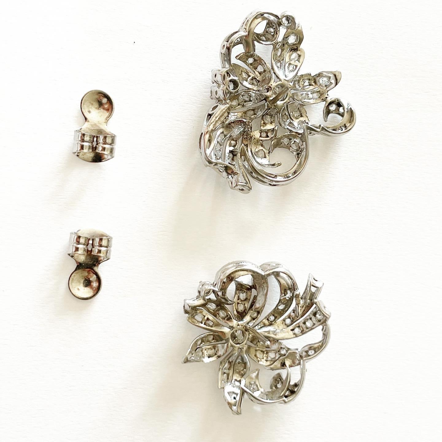 Old European Cut 1940s Art Deco Flower Design Diamond 18k White Gold Stud Earrings
