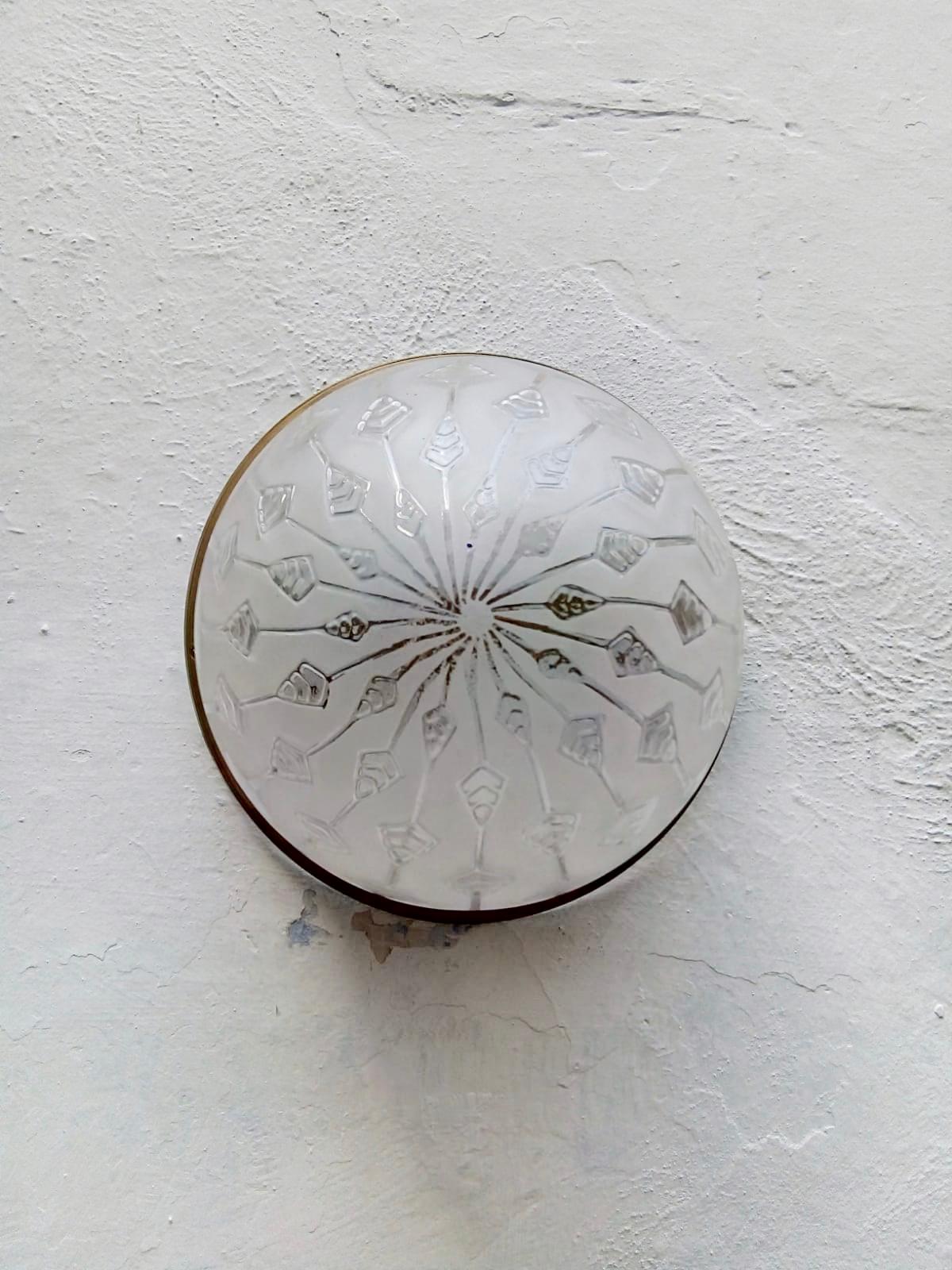 Brass 1940s Art Deco Flush Mount with Carved Frosted Glass