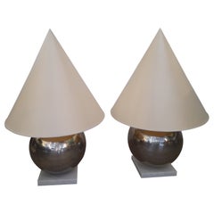 1940s Art Deco French Steel Spherical Base Conical Shade Marble Base Table Lamps