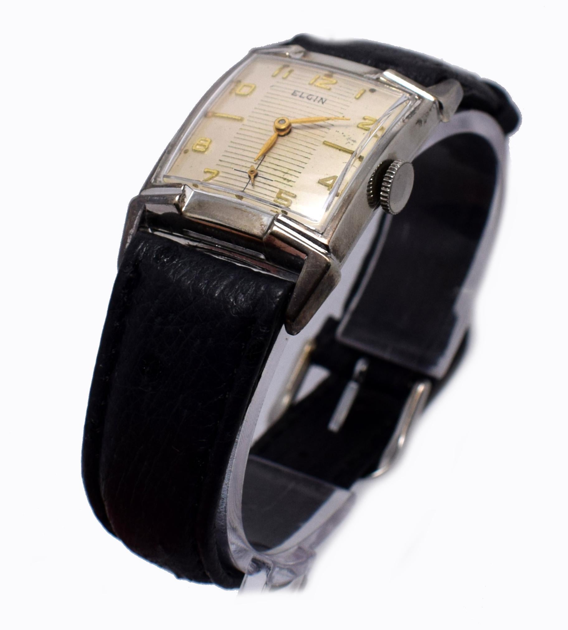 1940s Art Deco Gents Wrist Watch 19 Jewels, Elgin 6