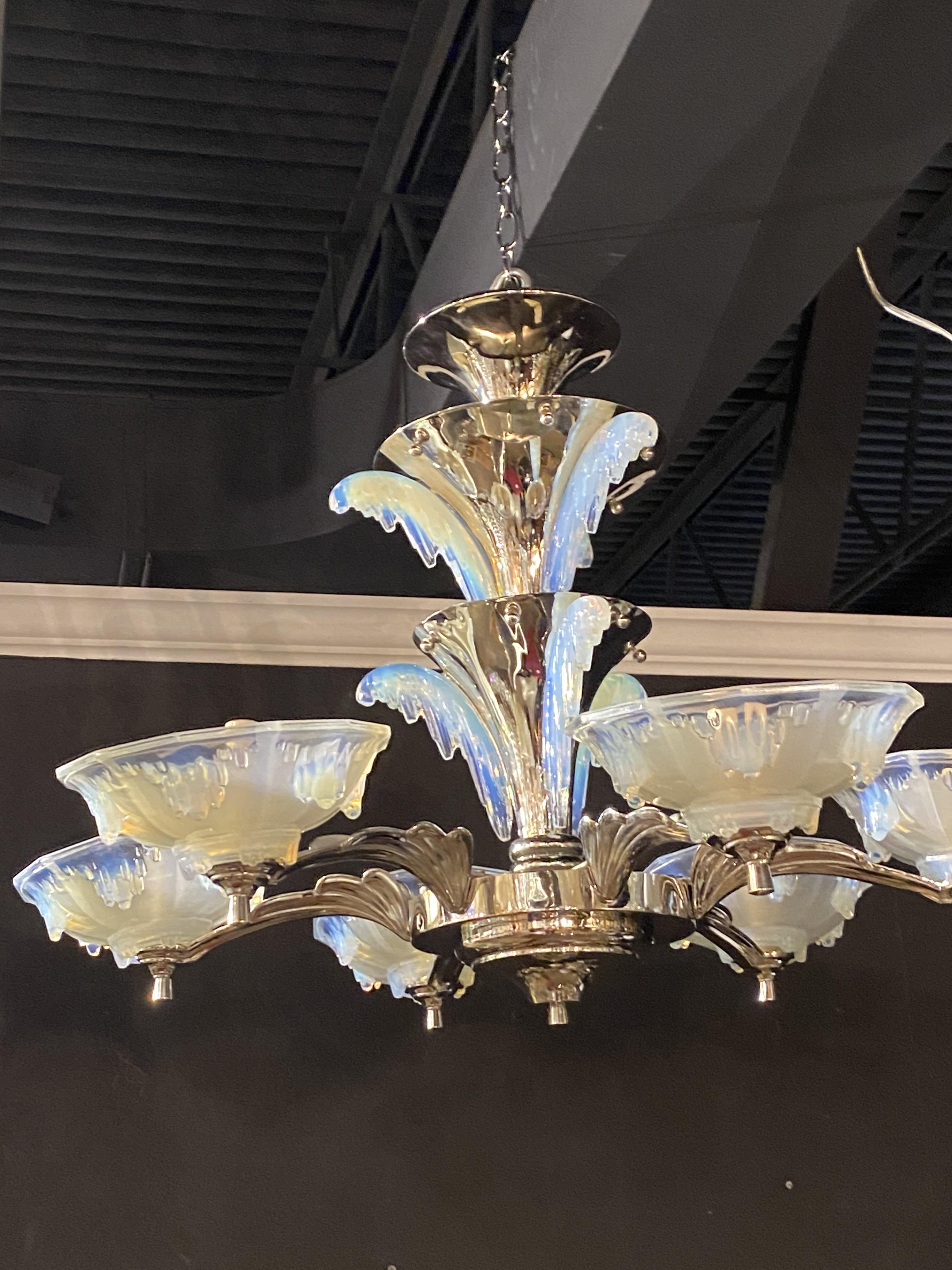 A circa 1940's nickel plated chandelier with opalescent glass shades