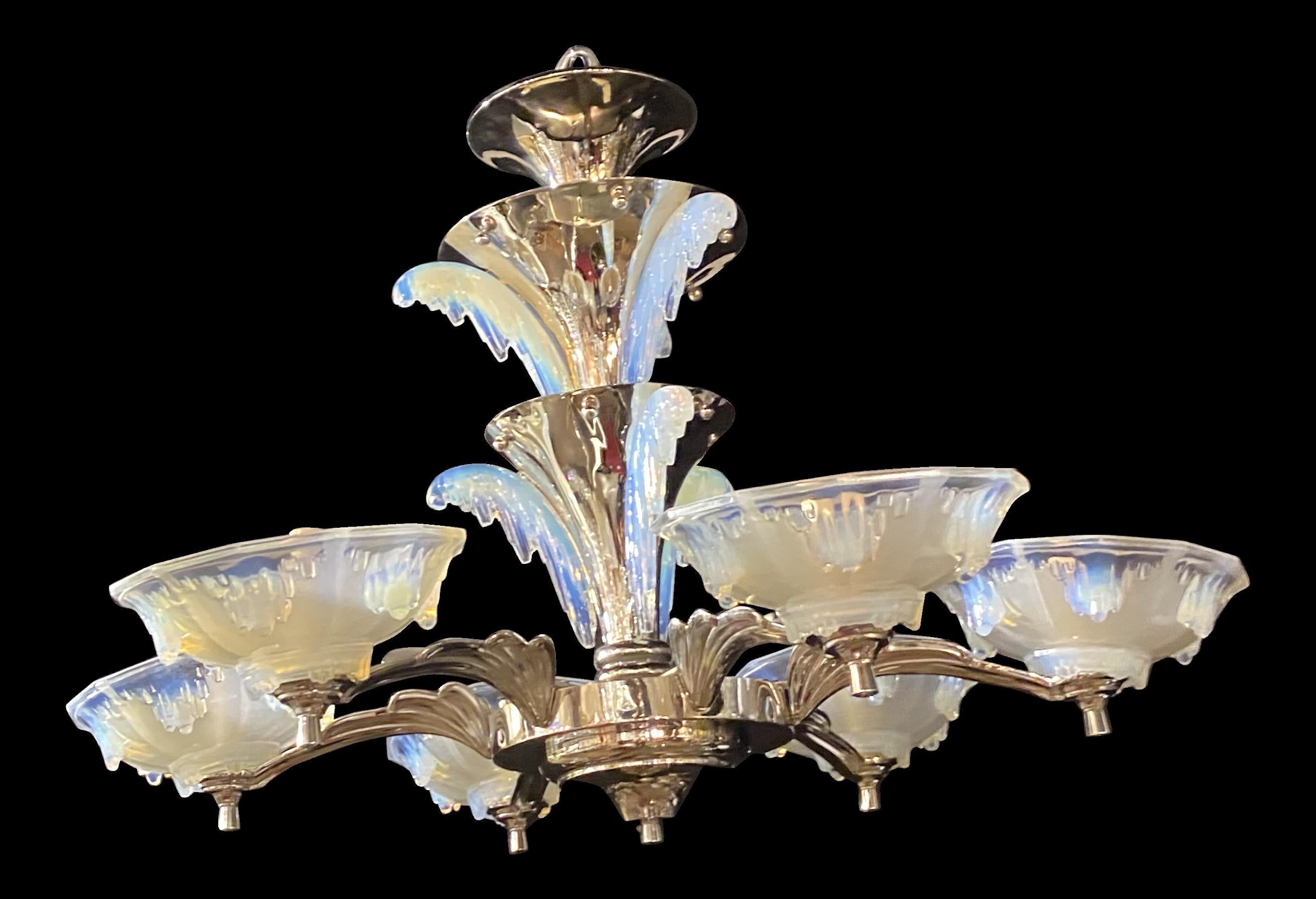 Mid-Century Modern 1940's Art Deco Glass Chandelier For Sale
