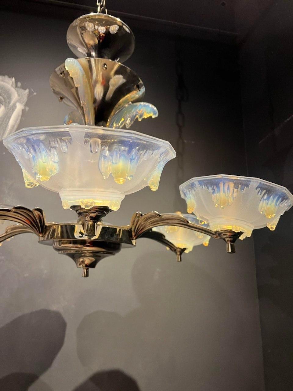 French 1940's Art Deco Glass Chandelier For Sale