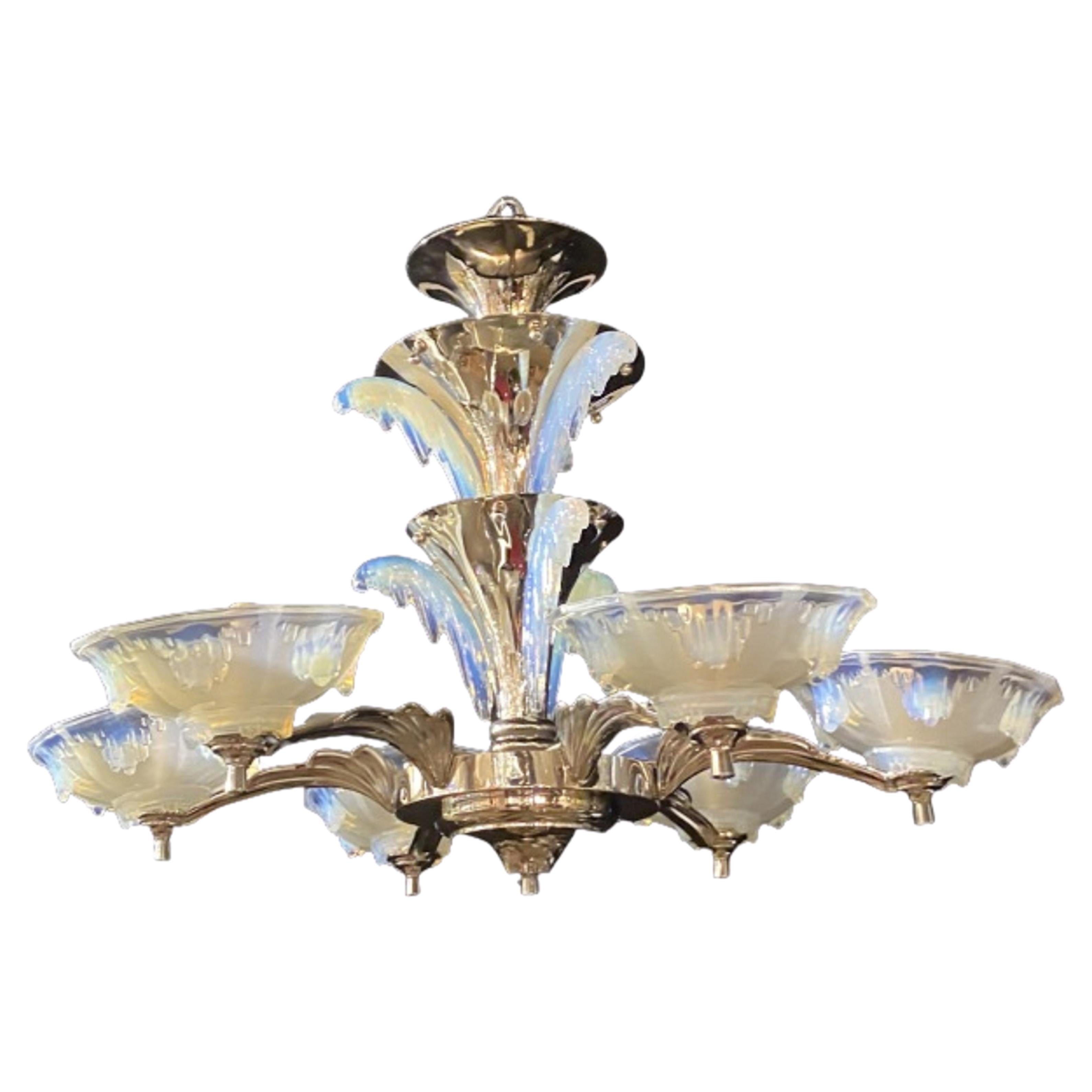 1940's Art Deco Opalescent Glass and Nickel Plated Chandelier 6 Lights
