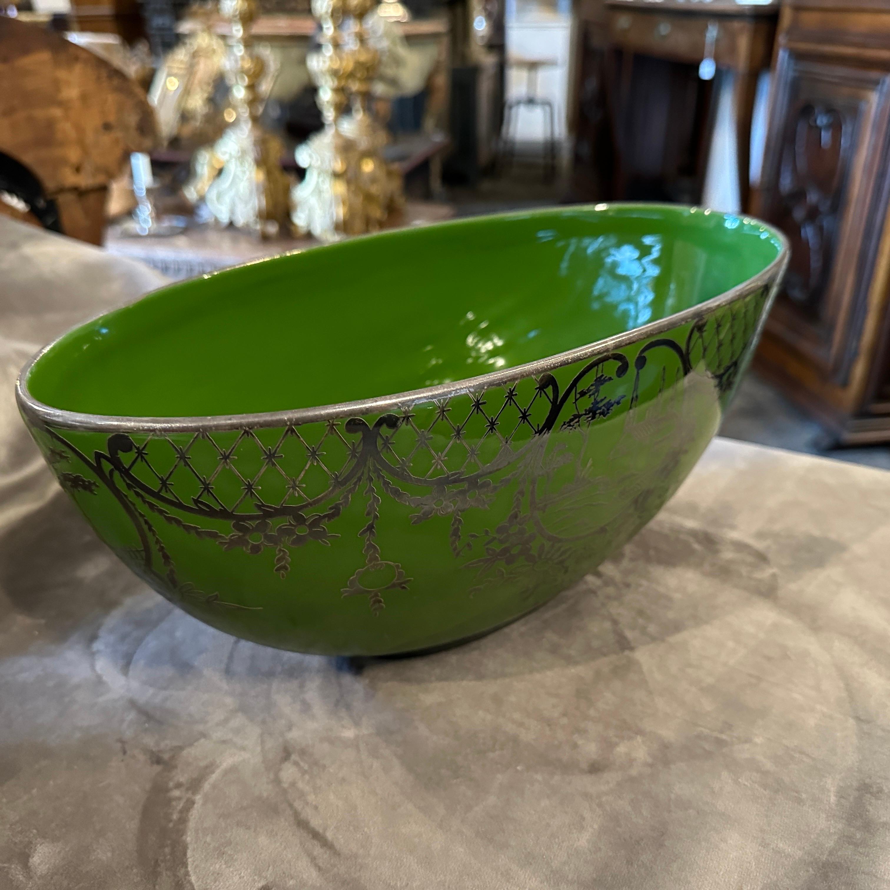 1940s Art Deco Green Ceramic and Silver Oval Italian Centerpiece In Good Condition For Sale In Catania, Sicilia