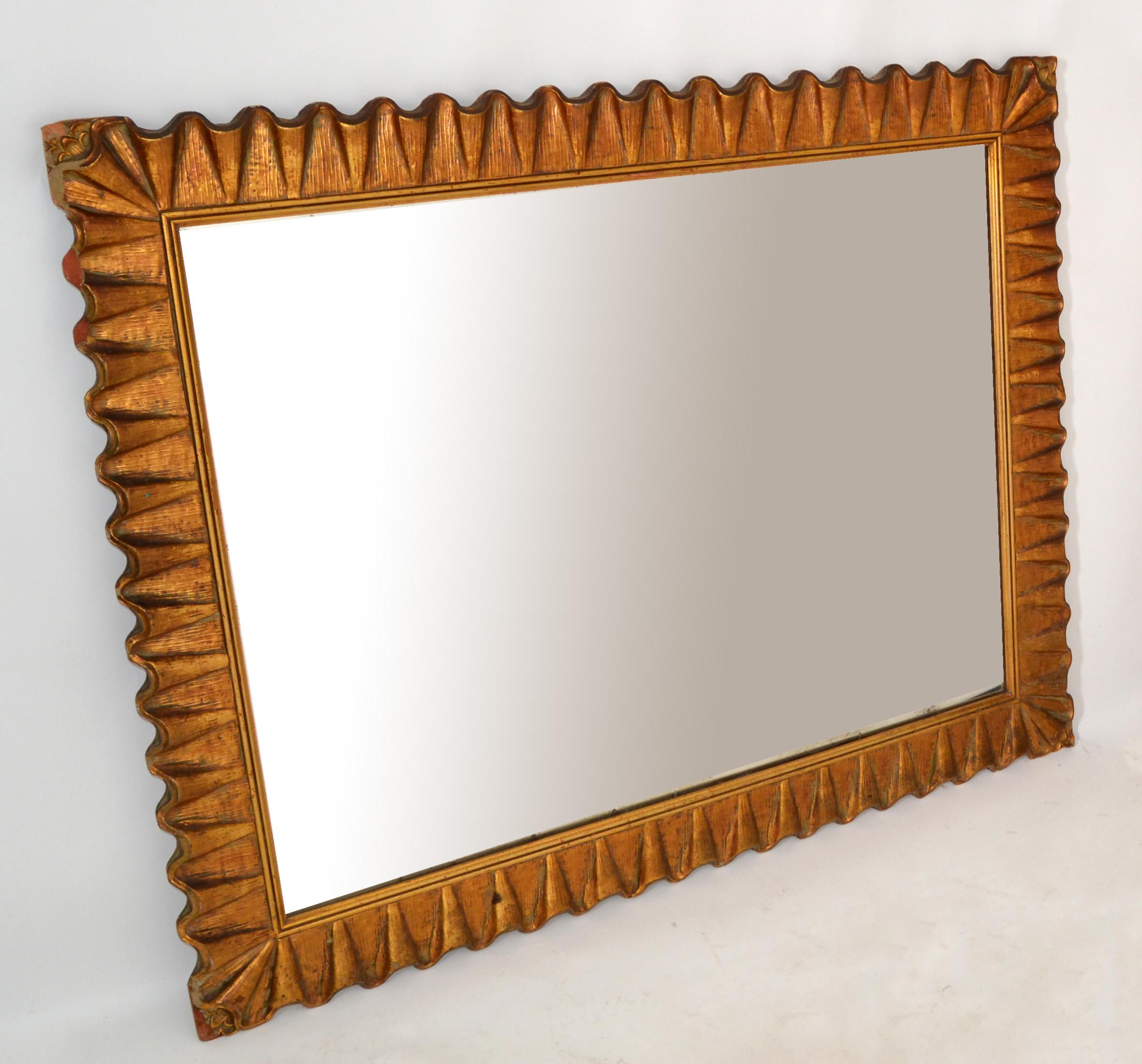 American 1940s Art Deco Hand Carved Scalloped Gilt Wood Rectangular Wall Mirror America For Sale