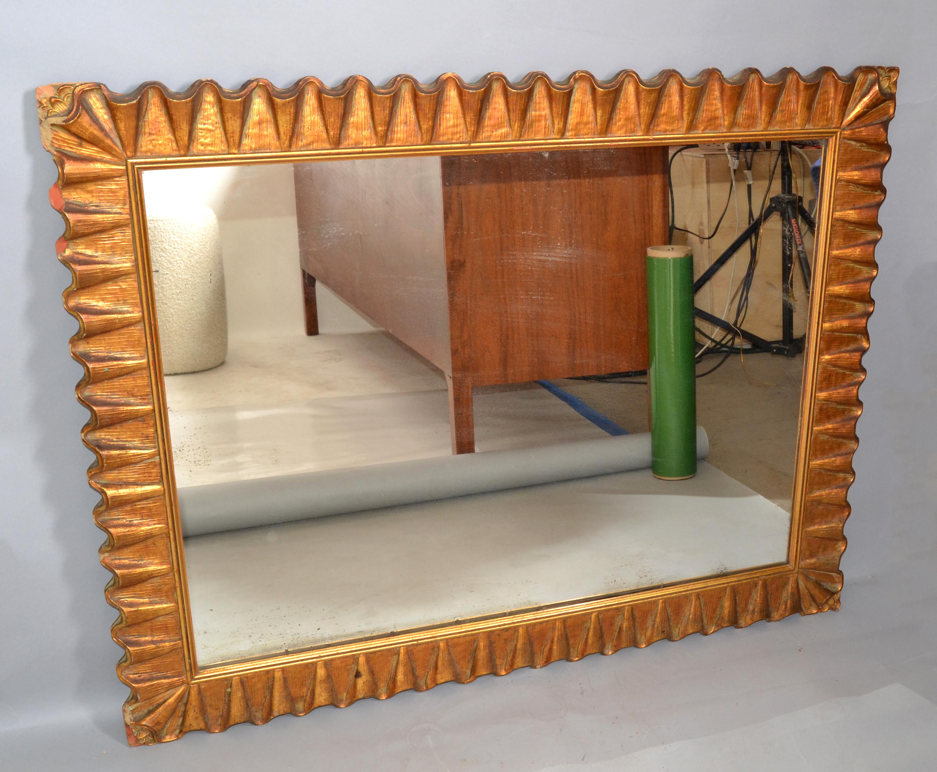 Hand-Carved 1940s Art Deco Hand Carved Scalloped Gilt Wood Rectangular Wall Mirror America For Sale