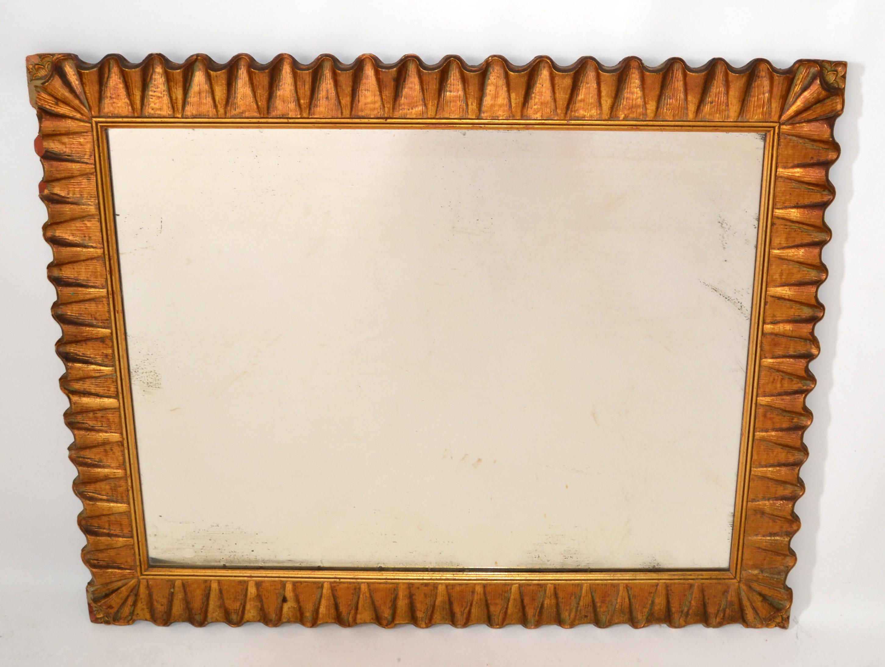1940s Art Deco Hand Carved Scalloped Gilt Wood Rectangular Wall Mirror America In Good Condition For Sale In Miami, FL
