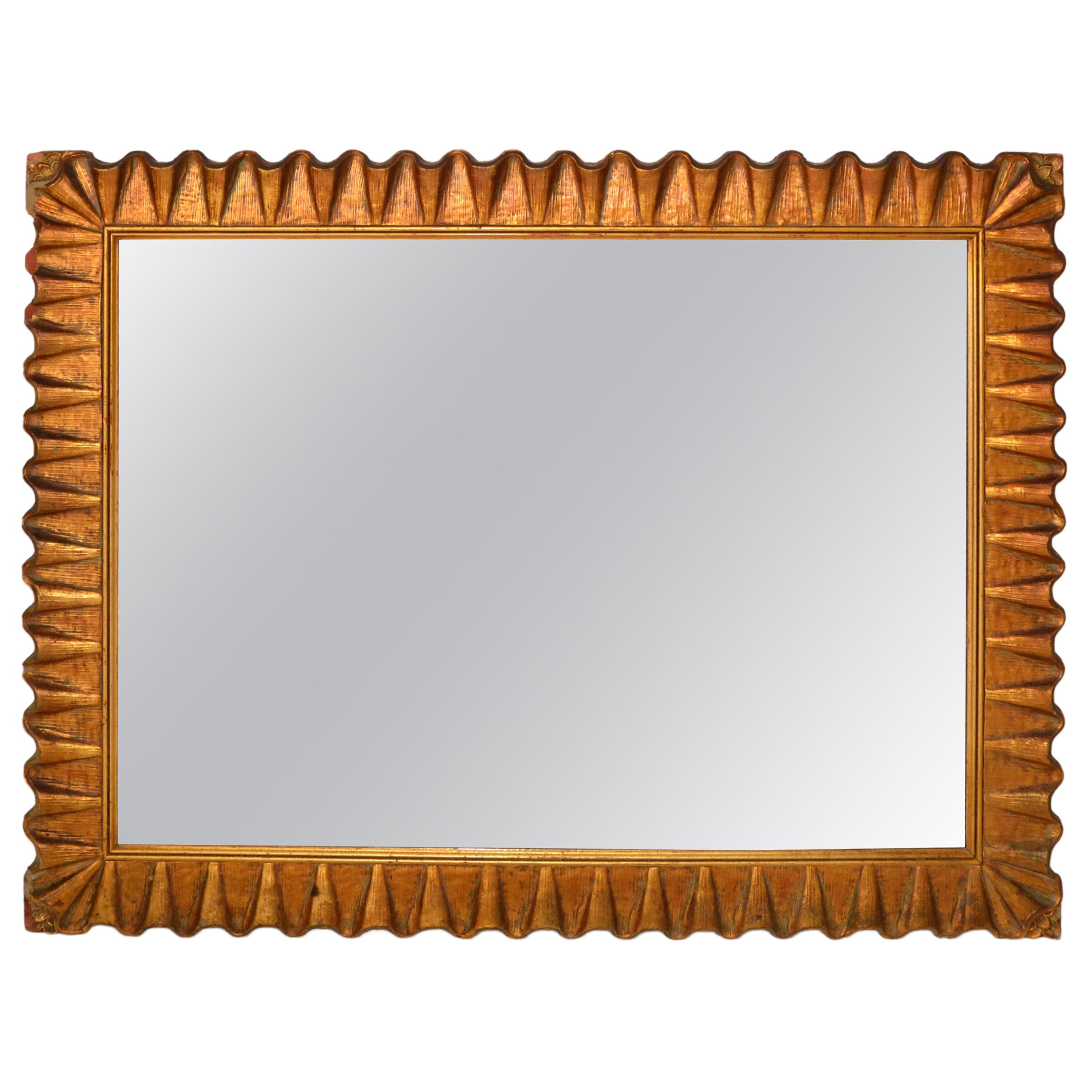 1940s Art Deco Hand Carved Scalloped Gilt Wood Rectangular Wall Mirror America