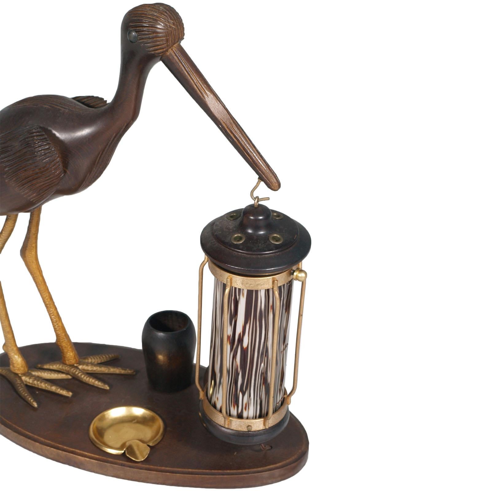 1940s Art Deco Heron Table Lamp, by Aldo Tura, Ashtray, Cigarette Service In Good Condition For Sale In Vigonza, Padua