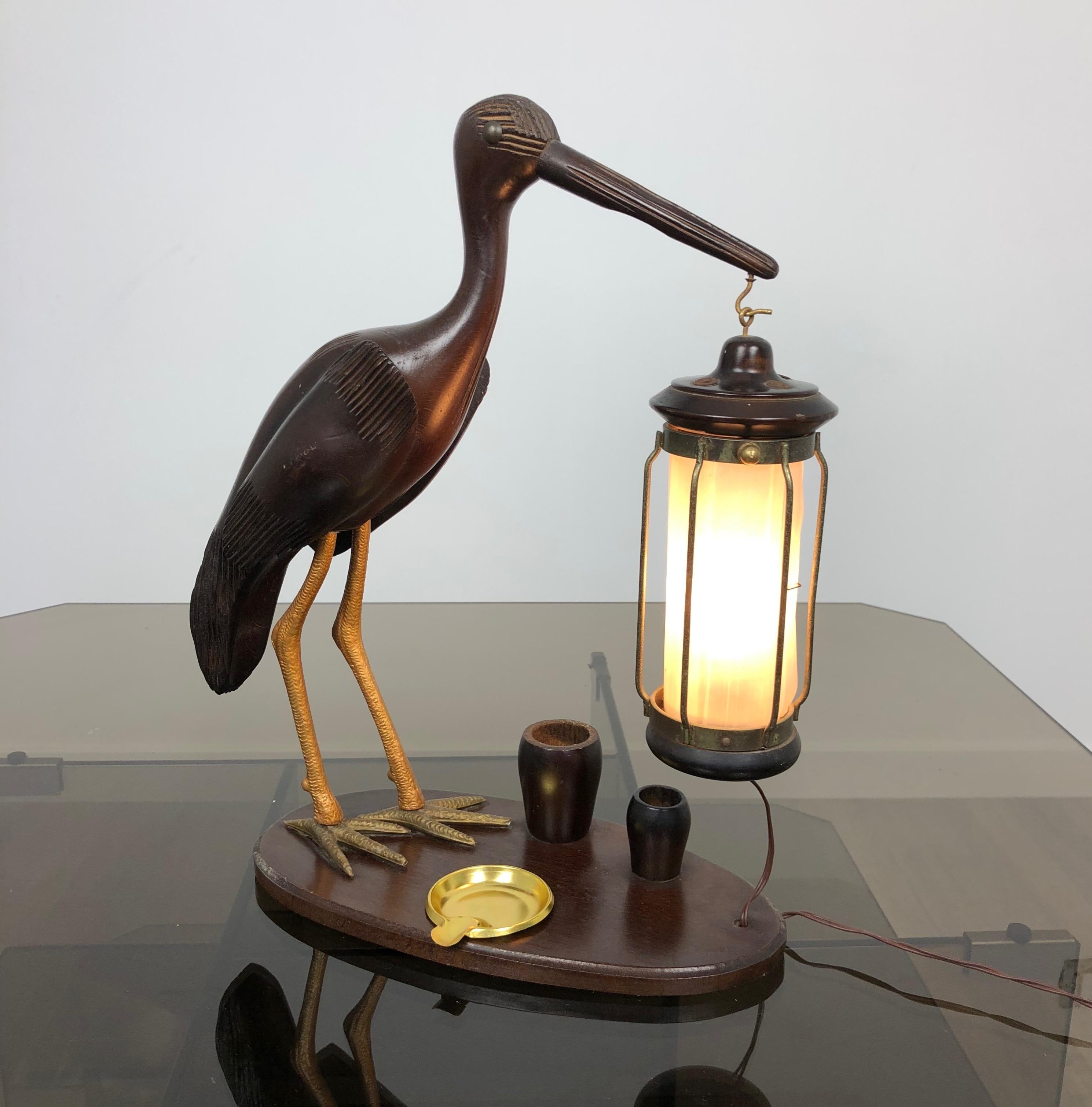 1940s Art Deco Heron Table Lamp Ashtray Cigarette Service Italy Hand Carved Wood 4