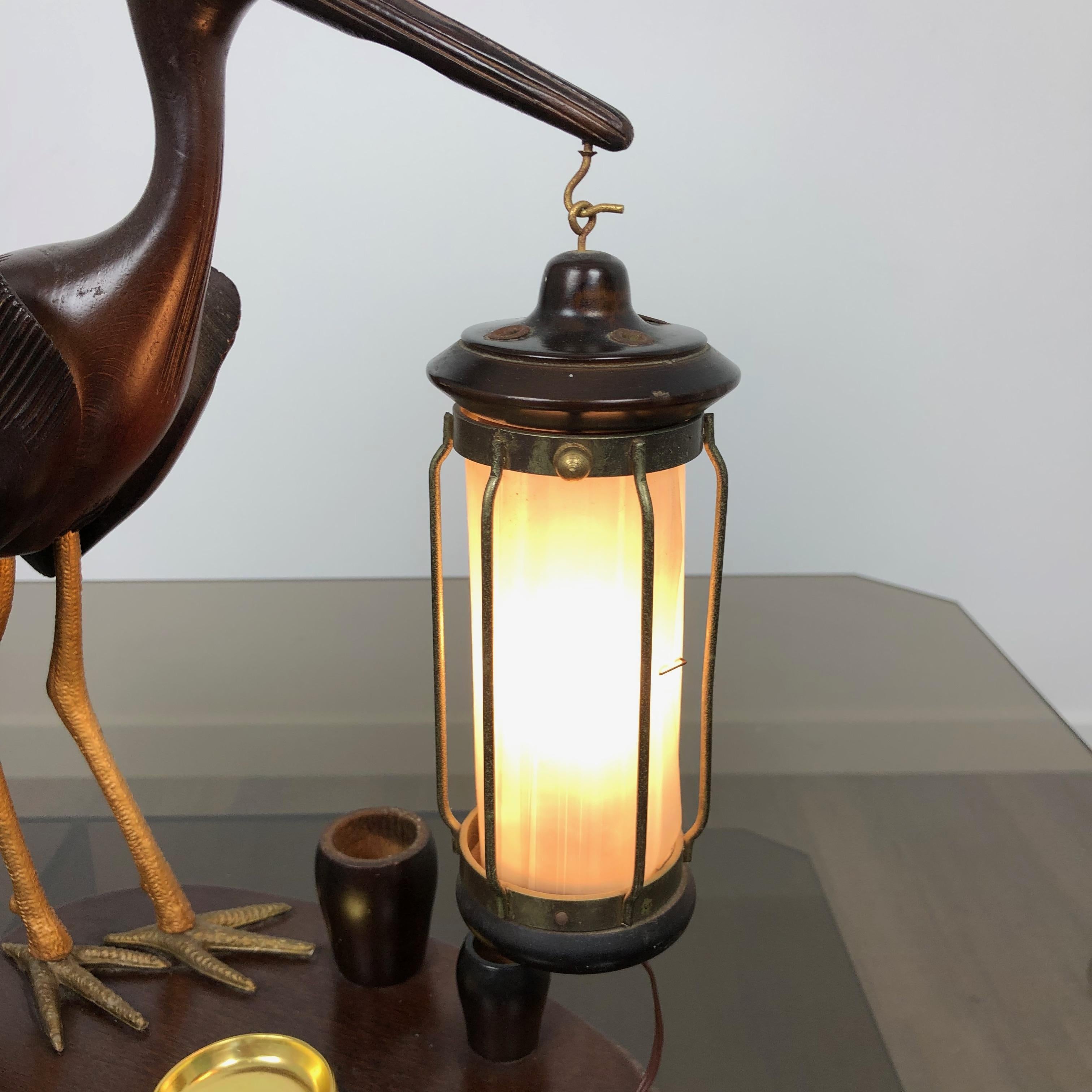 1940s Art Deco Heron Table Lamp Ashtray Cigarette Service Italy Hand Carved Wood 5