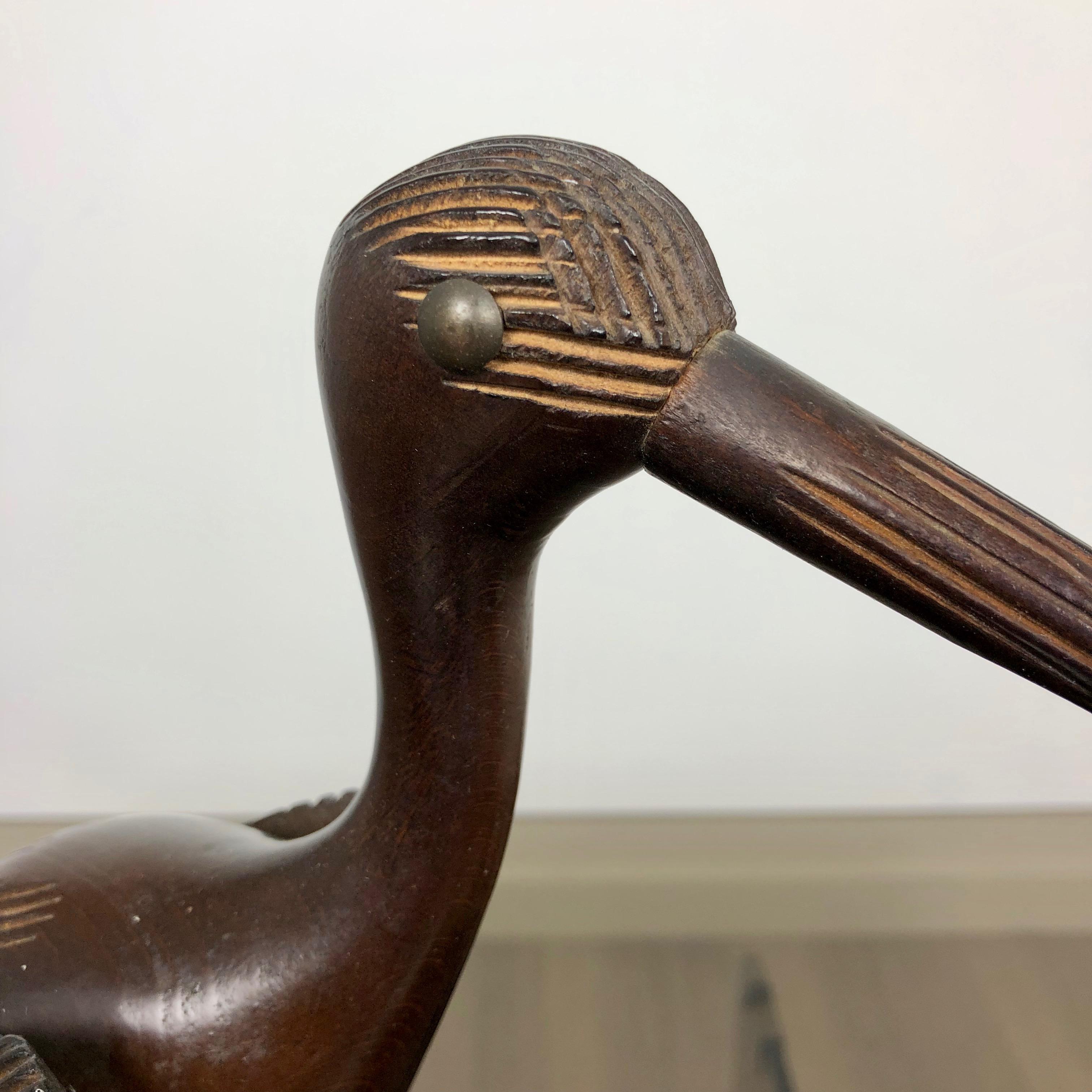 Hand-Carved 1940s Art Deco Heron Table Lamp Ashtray Cigarette Service Italy Hand Carved Wood