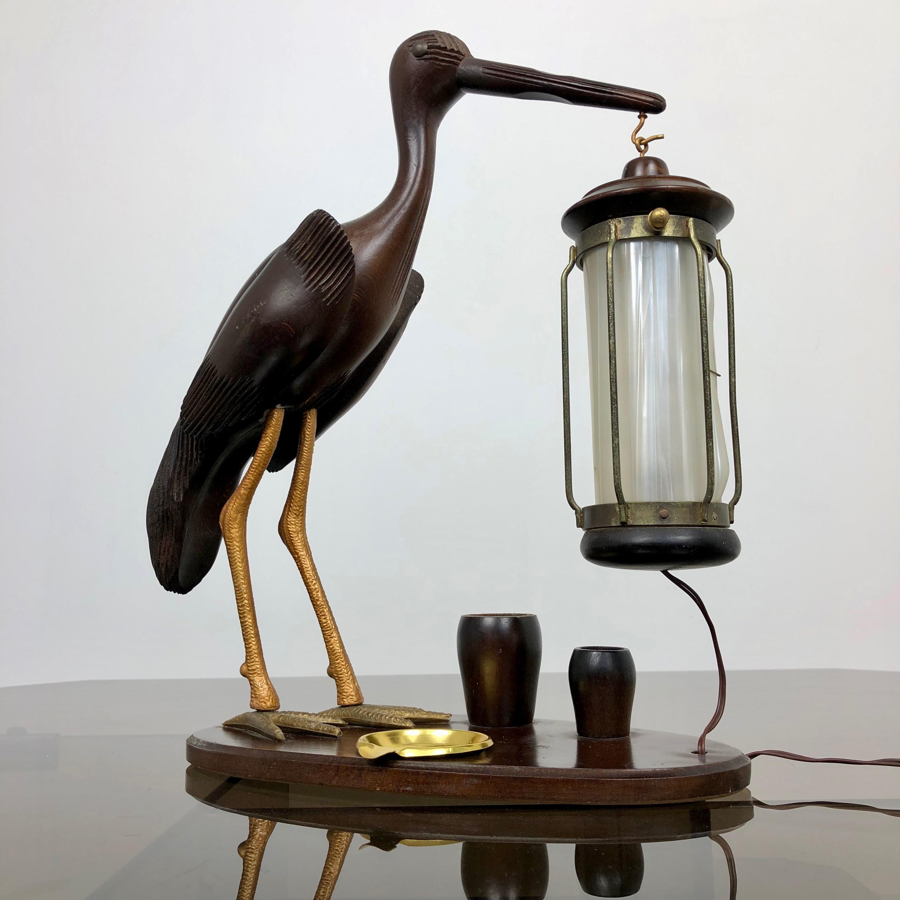 Mid-20th Century 1940s Art Deco Heron Table Lamp Ashtray Cigarette Service Italy Hand Carved Wood