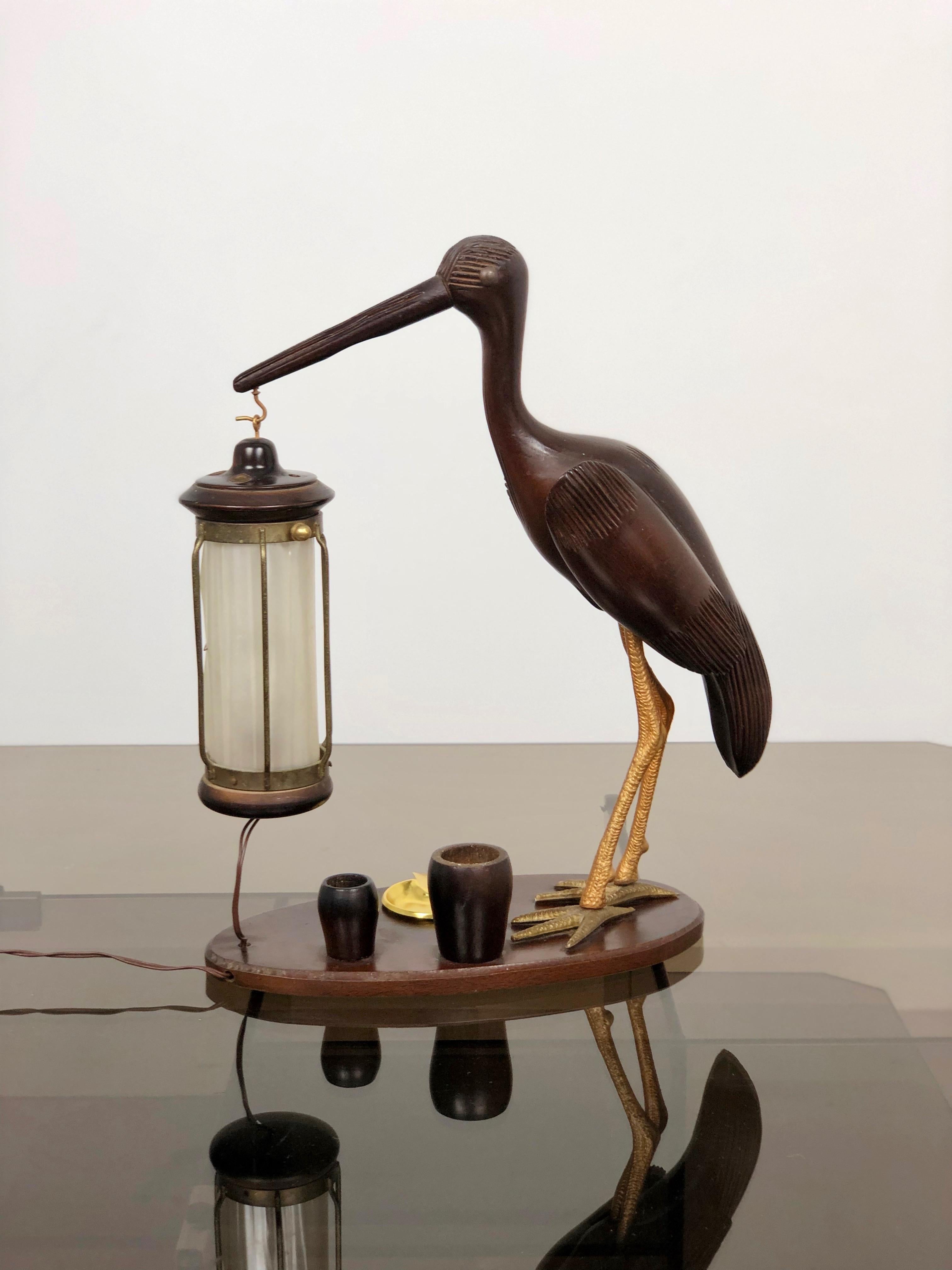 1940s Art Deco Heron Table Lamp Ashtray Cigarette Service Italy Hand Carved Wood 1