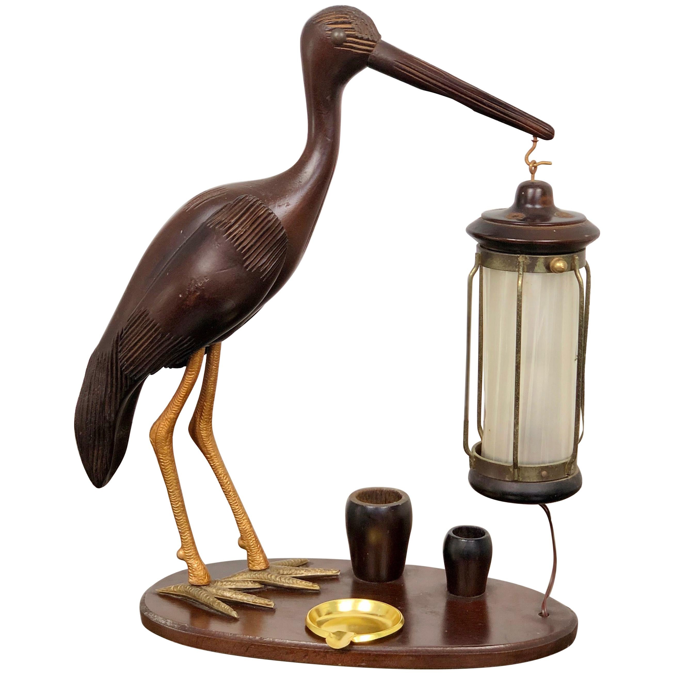 1940s Art Deco Heron Table Lamp Ashtray Cigarette Service Italy Hand Carved Wood