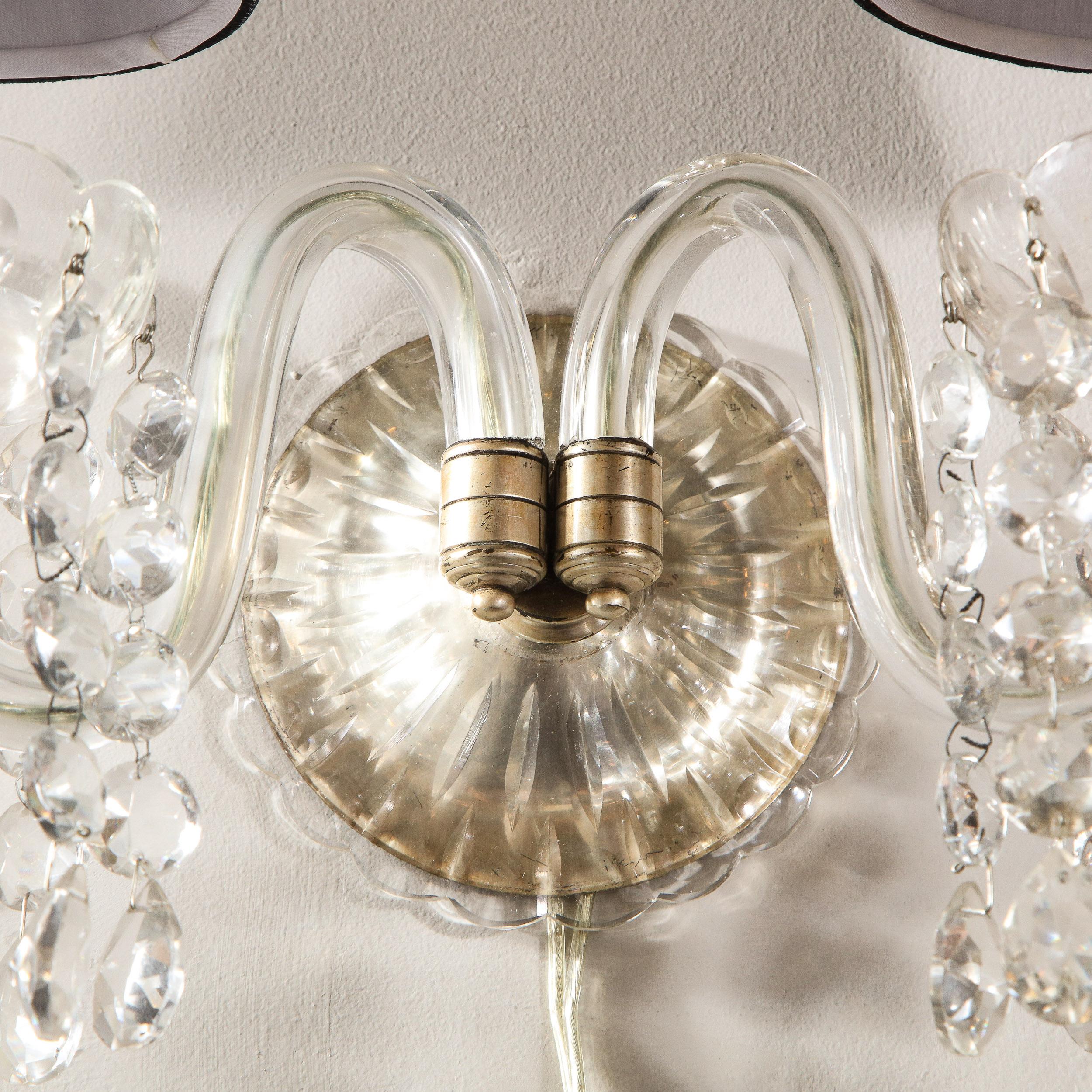 American 1940s Art Deco Hollywood Cut Crystal Silvered Etched & Beaded Wall Sconce For Sale