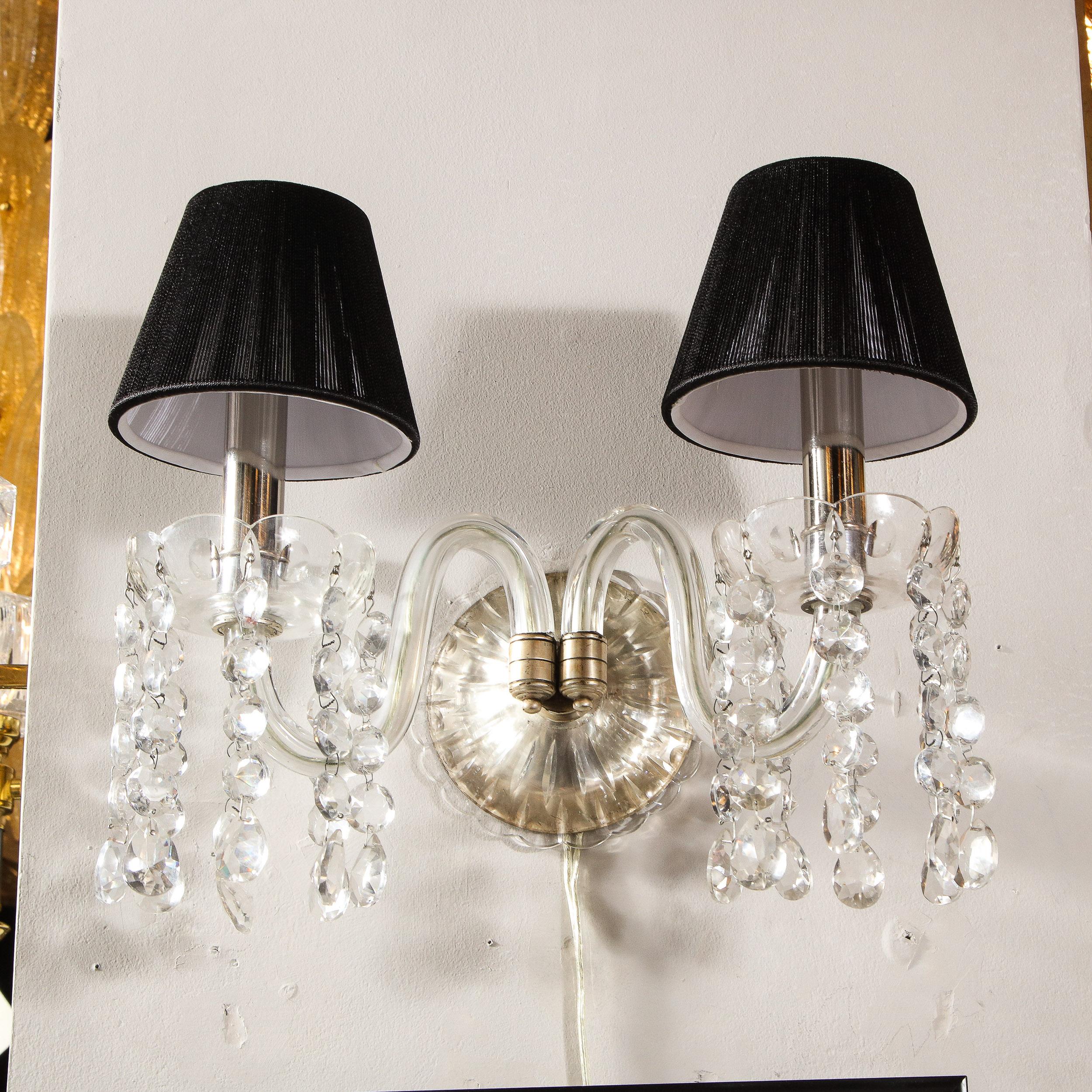 Bronze 1940s Art Deco Hollywood Cut Crystal Silvered Etched & Beaded Wall Sconce For Sale