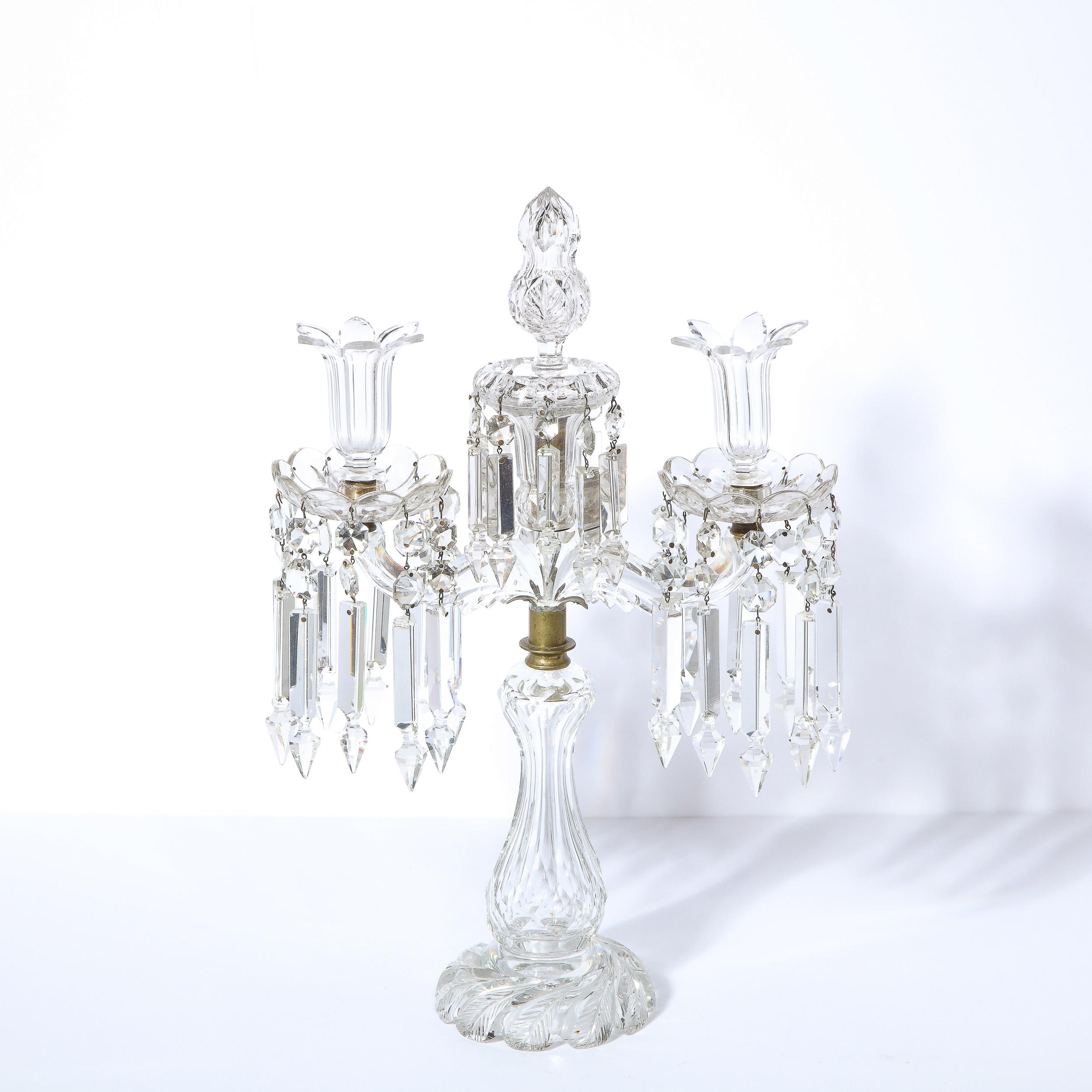 1940s Art Deco Hollywood Regency Cut Crystal Girandole with Brass Fittings 9