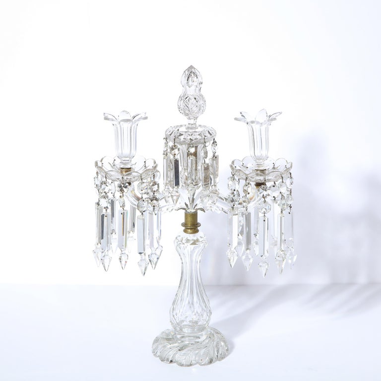 1940s Art Deco Hollywood Regency Cut Crystal Girandole with Brass Fittings For Sale 9