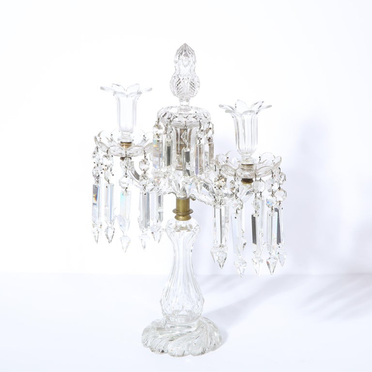 1940s Art Deco Hollywood Regency Cut Crystal Girandole with Brass Fittings For Sale 12