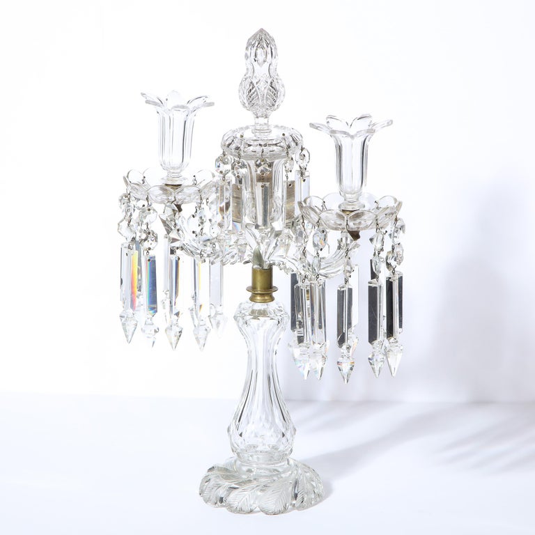 1940s Art Deco Hollywood Regency Cut Crystal Girandole with Brass Fittings For Sale 3