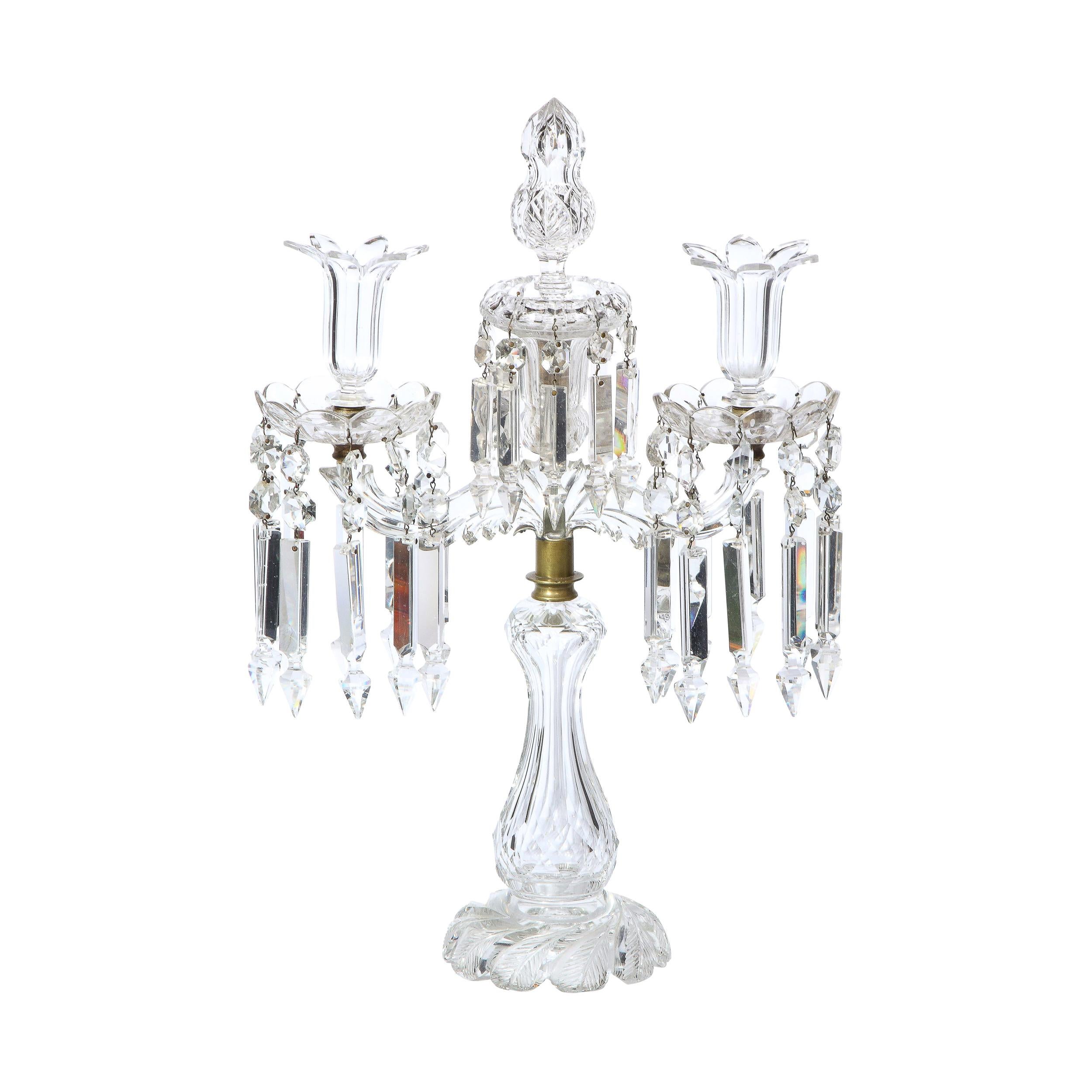 1940s Art Deco Hollywood Regency Cut Crystal Girandole with Brass Fittings