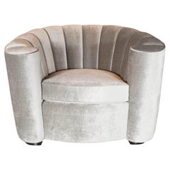 1940s Art Deco Hollywood Scroll-Arm Channel-Back Club Chair in Platinum Velvet