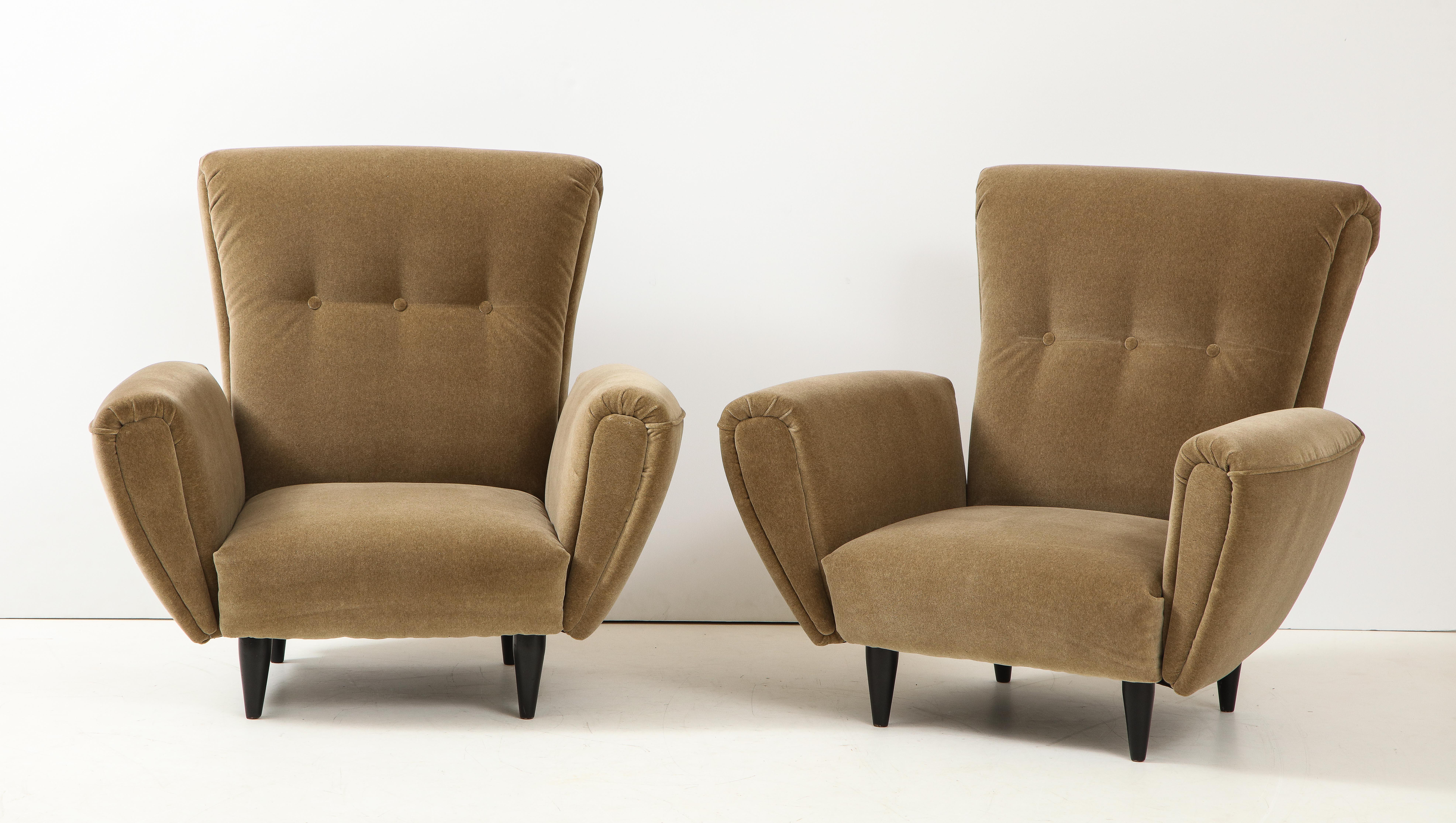 Stunning pair of large 1940's Art Deco Italian chairs newly reupholstered in Donghia mohair fabric, fully restored and ready to use.