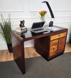 1940s Art Deco Italian Walnut Burl Black Glass Waterfall Writing Desk Table
