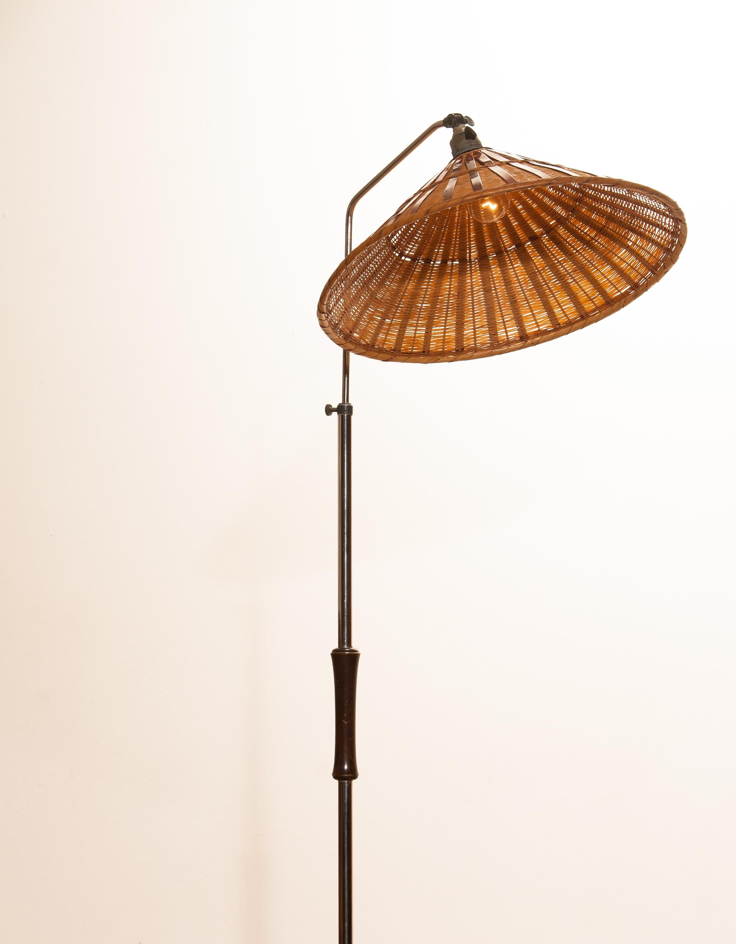 1940s, Art Deco Jugendstil Chromed Floor Lamp with Wicker Shade, Limited Edition 1