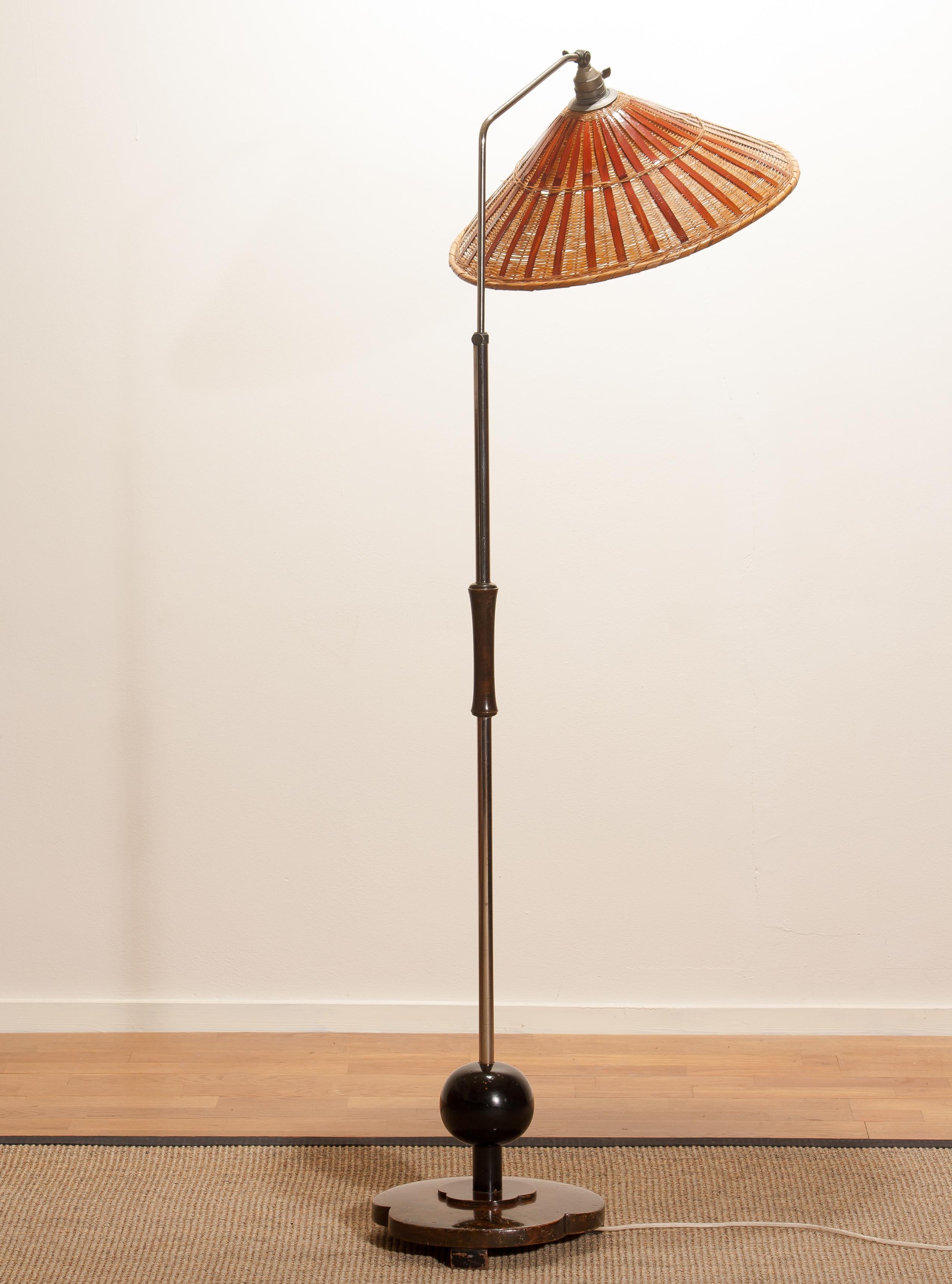 1940s, Art Deco Jugendstil Chromed Floor Lamp with Wicker Shade, Limited Edition 1