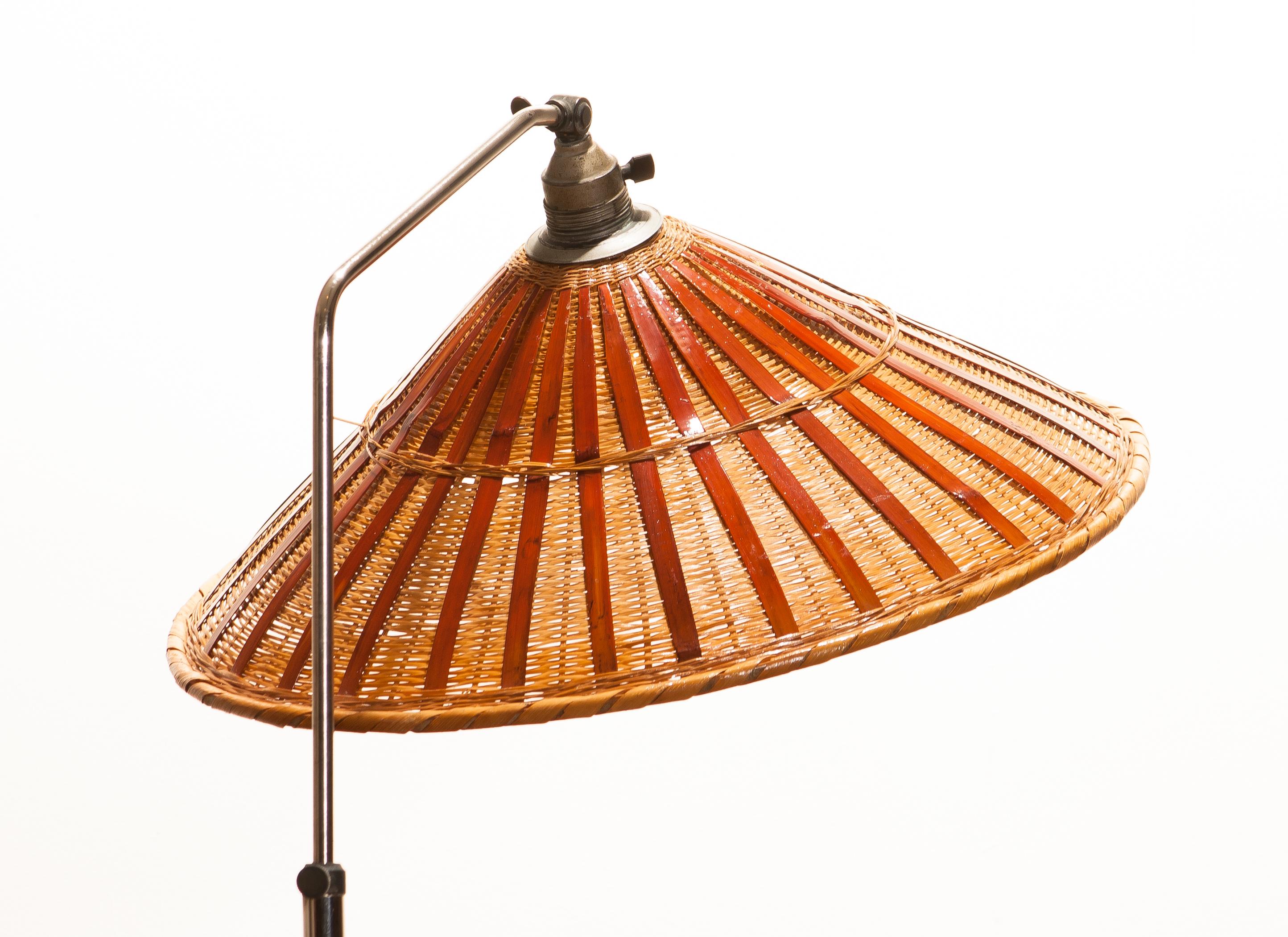 1940s, Art Deco Jugendstil Chromed Floor Lamp with Wicker Shade, Limited Edition 2