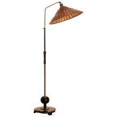 1940s, Art Deco Jugendstil Chromed Floor Lamp with Wicker Shade, Limited Edition
