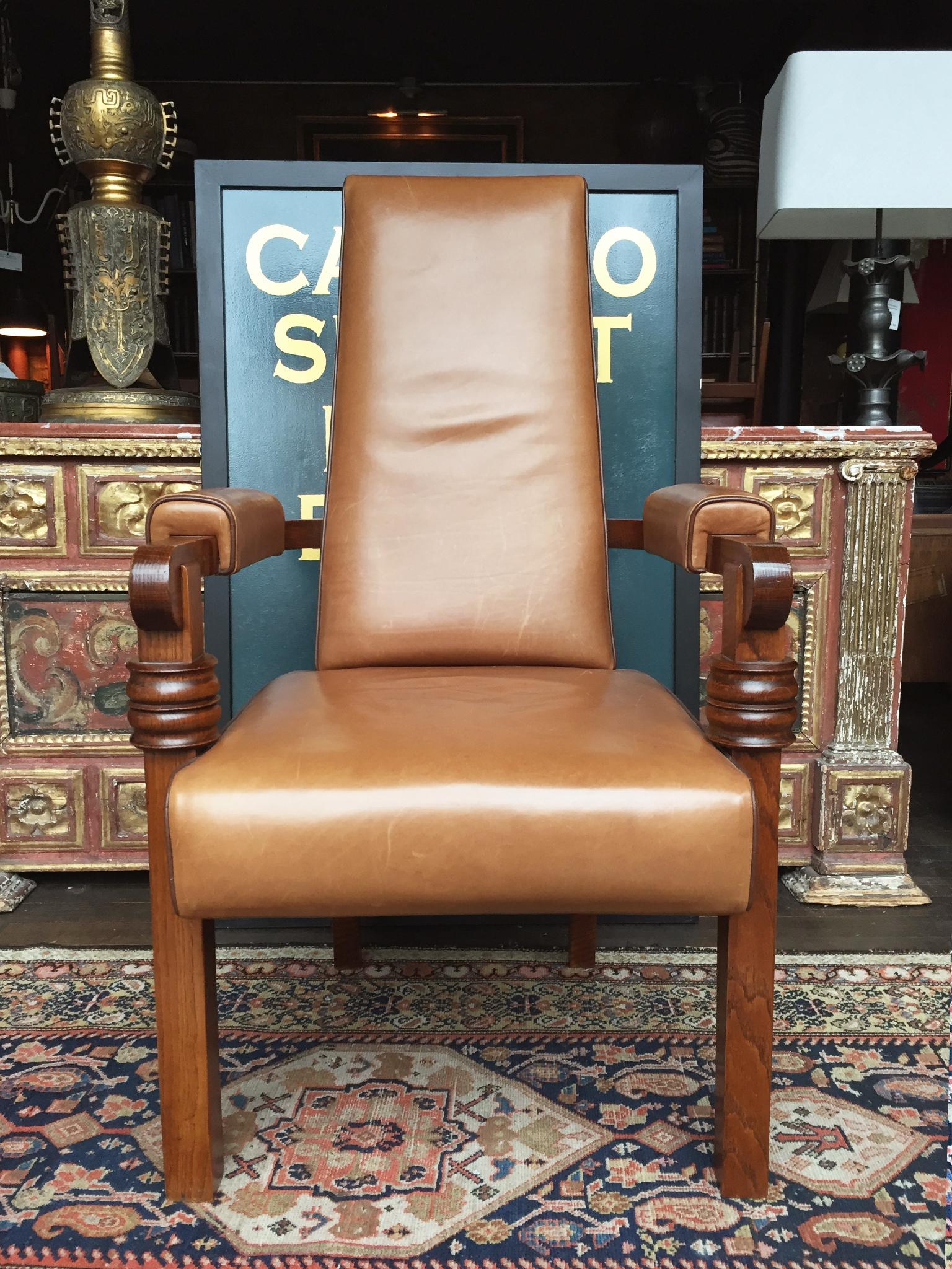 French 1940s Art Deco Leather and Oak Armchair by Charles Dudouyt