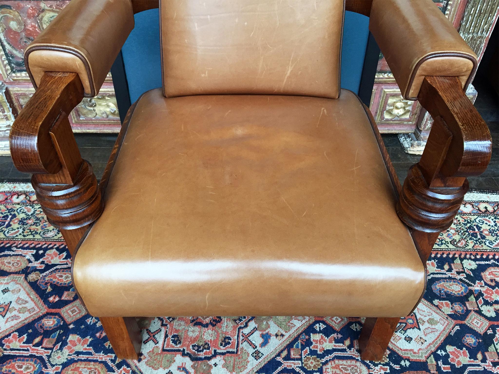 Stained 1940s Art Deco Leather and Oak Armchair by Charles Dudouyt