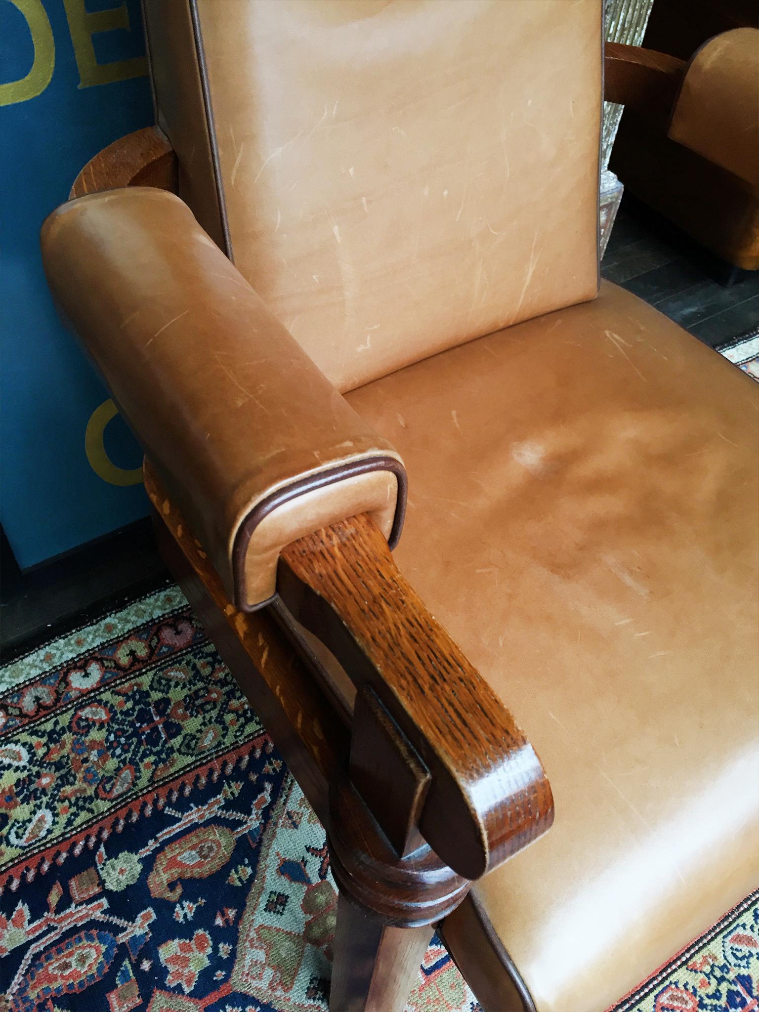 1940s Art Deco Leather and Oak Armchair by Charles Dudouyt In Good Condition In New York, NY