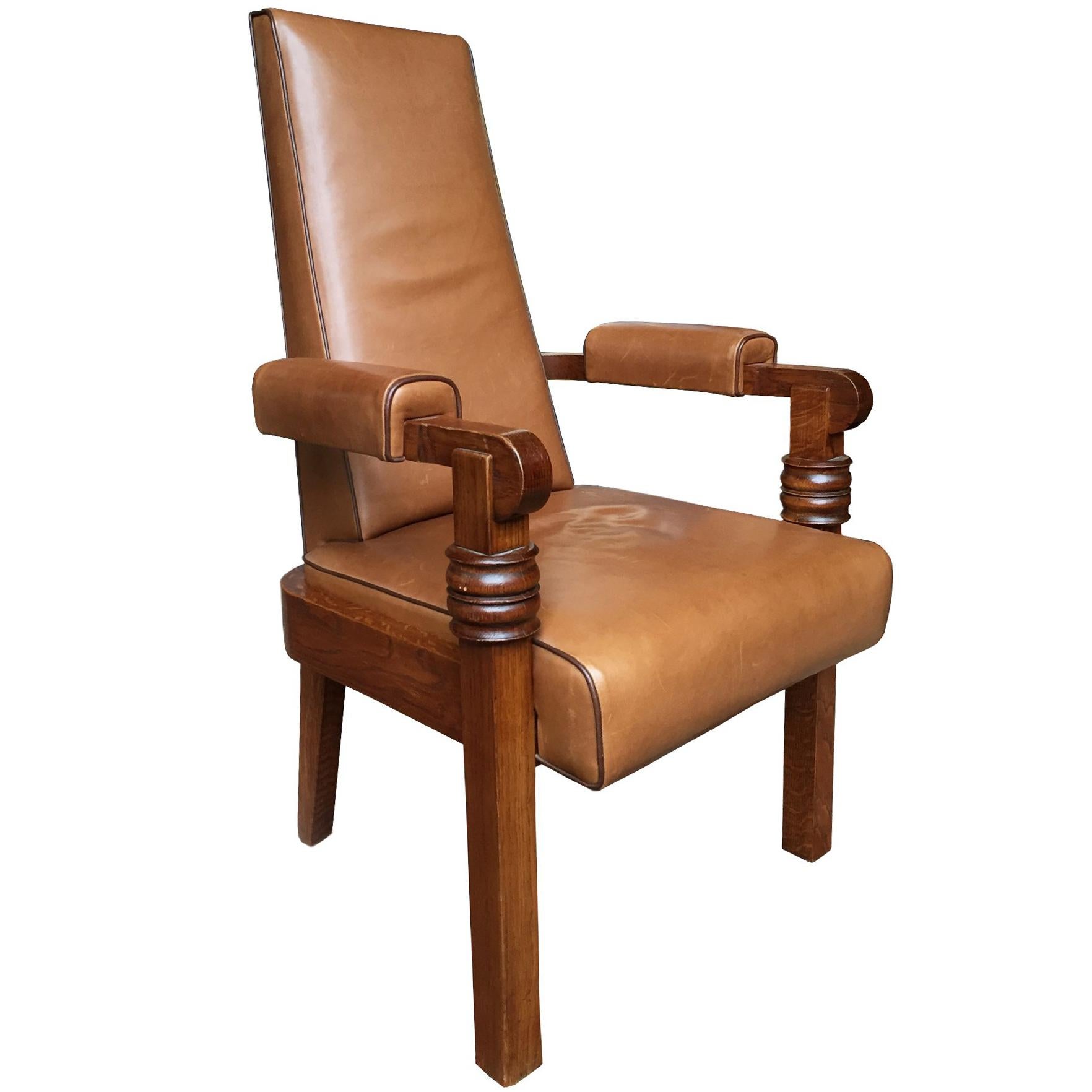 1940s Art Deco Leather and Oak Armchair by Charles Dudouyt