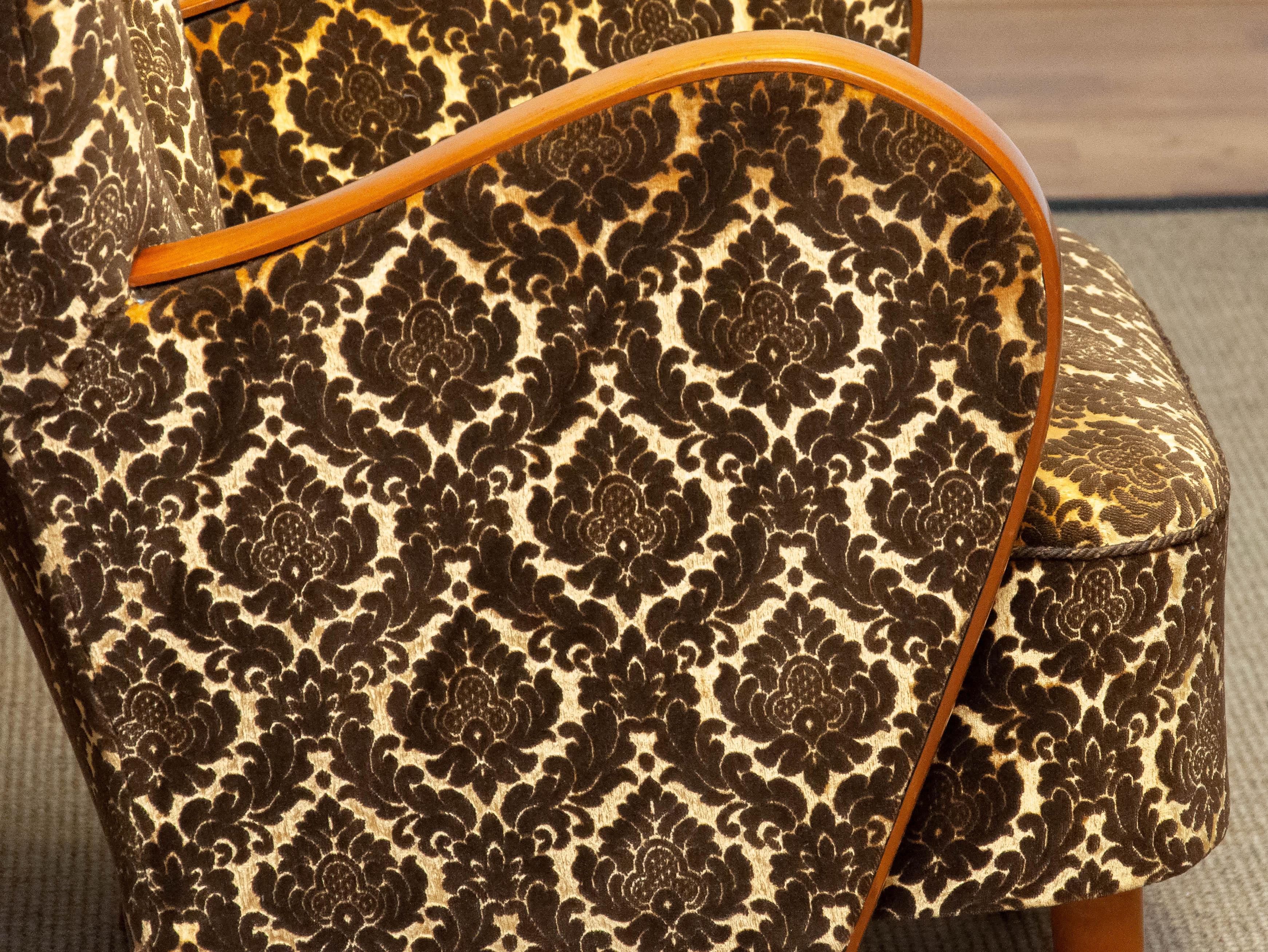 Mid-20th Century 1940s Art Deco Lounge Chair Gold- Brown Jacquard Velvet with Elm Armrest Denmark For Sale