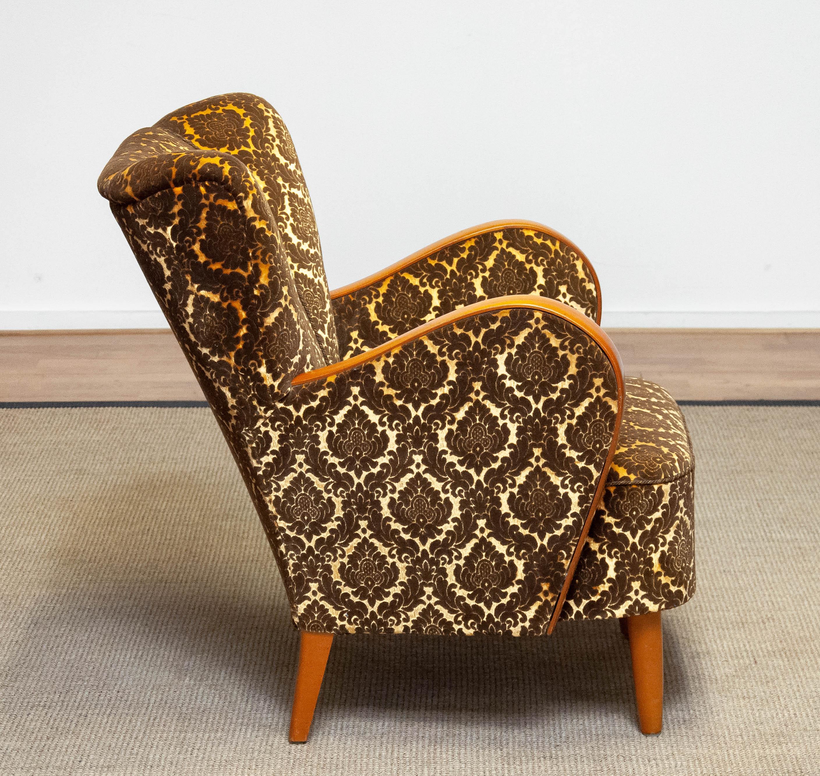 Wool 1940s Art Deco Lounge Chair Gold- Brown Jacquard Velvet with Elm Armrest Denmark For Sale