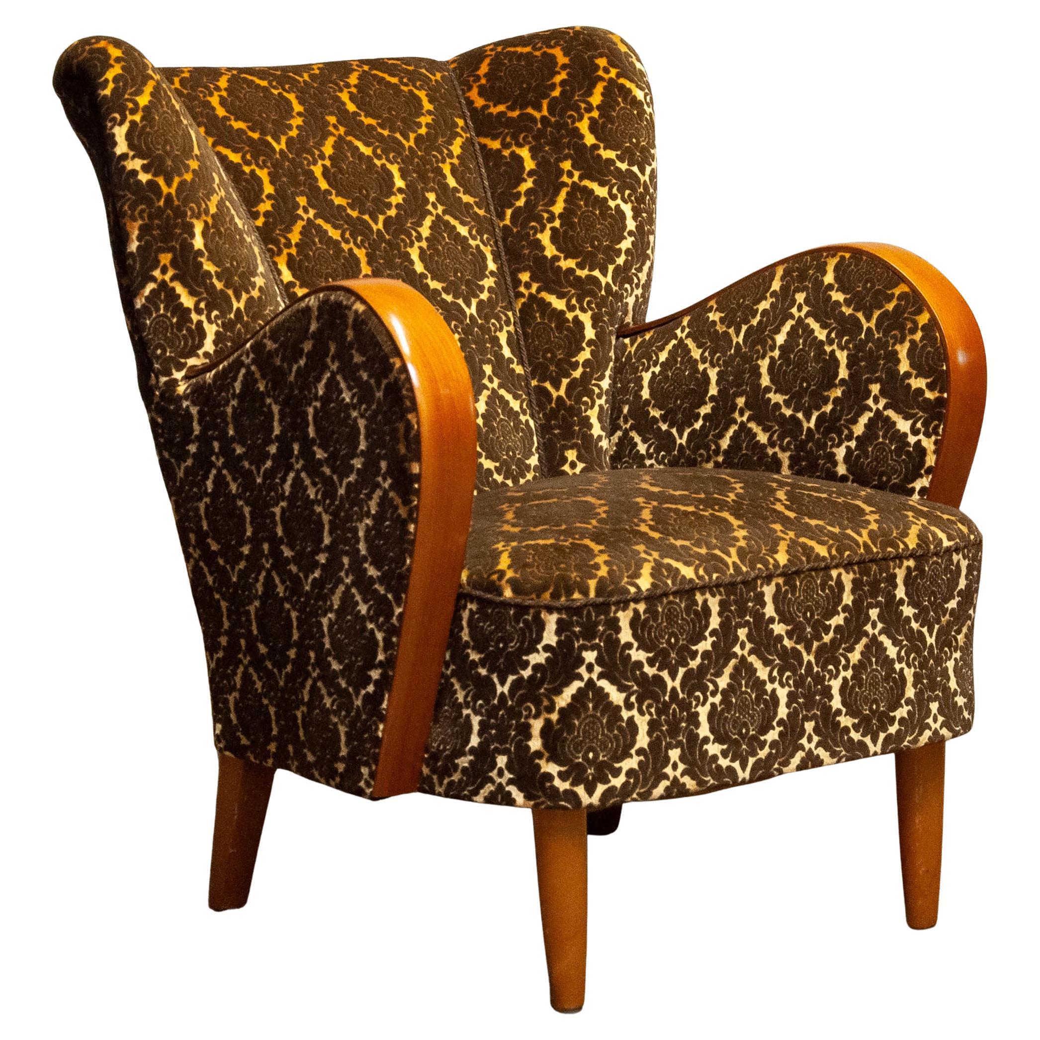 1940s Art Deco Lounge Chair Gold- Brown Jacquard Velvet with Elm Armrest Denmark