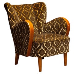 1940er Art Deco Lounge Chair Gold- Brown Jacquard Samt mit Ulme Armlehne Dänemark