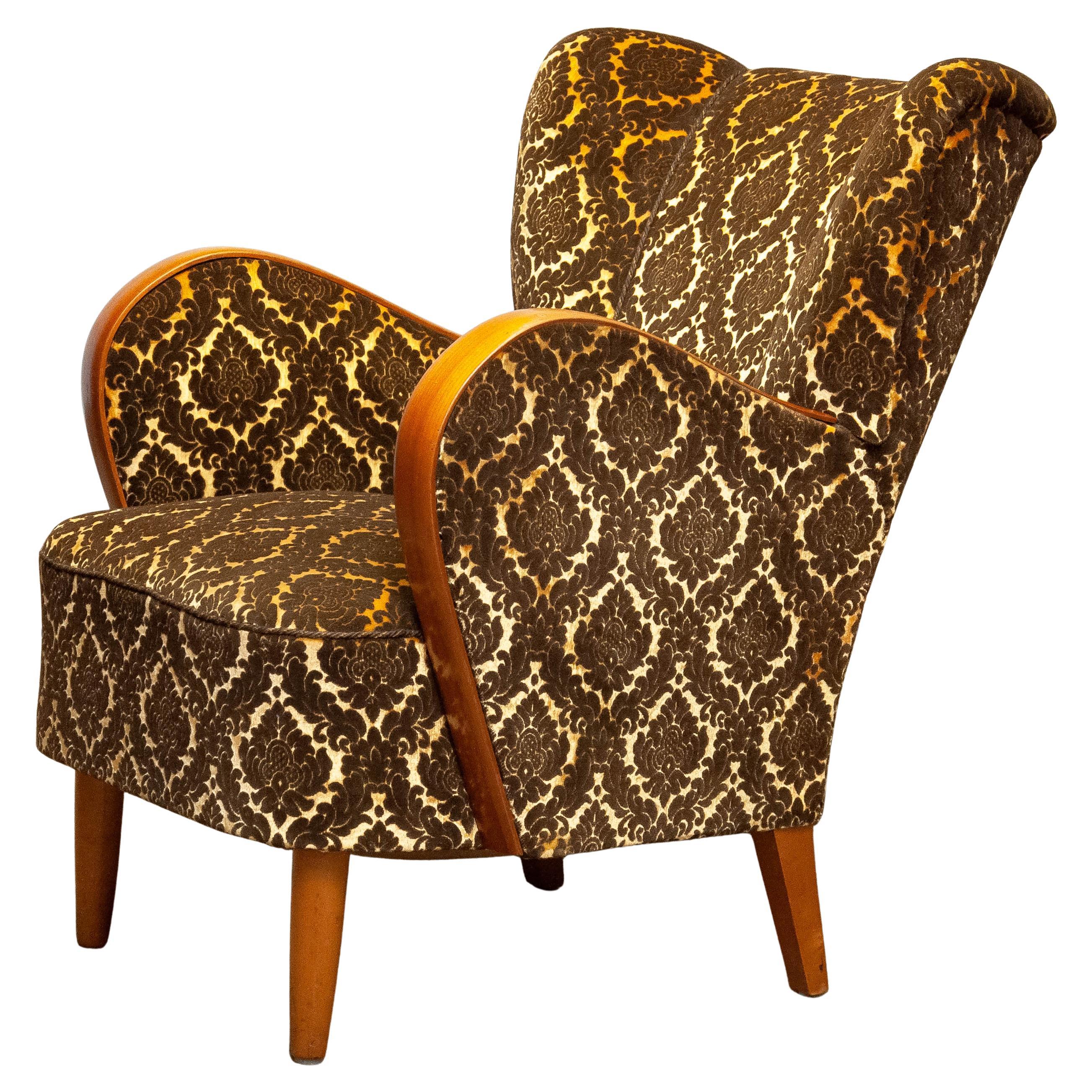 1940s Art Deco Lounge Chair Gold- Brown Jacquard Velvet with Elm Armrest Denmark