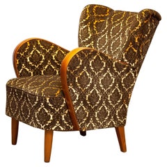 1940er Art Deco Lounge Chair Gold- Brown Jacquard Samt mit Ulme Armlehne Dänemark