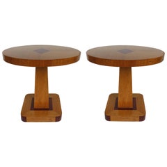 Antique 1940s Art Deco Mahogany and Oak Veneered Oval Side Tables, Pair