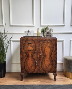 1940s Art Deco Midcentury Italian Burl Walnut Wood Dry Bar Liquor Cabinet